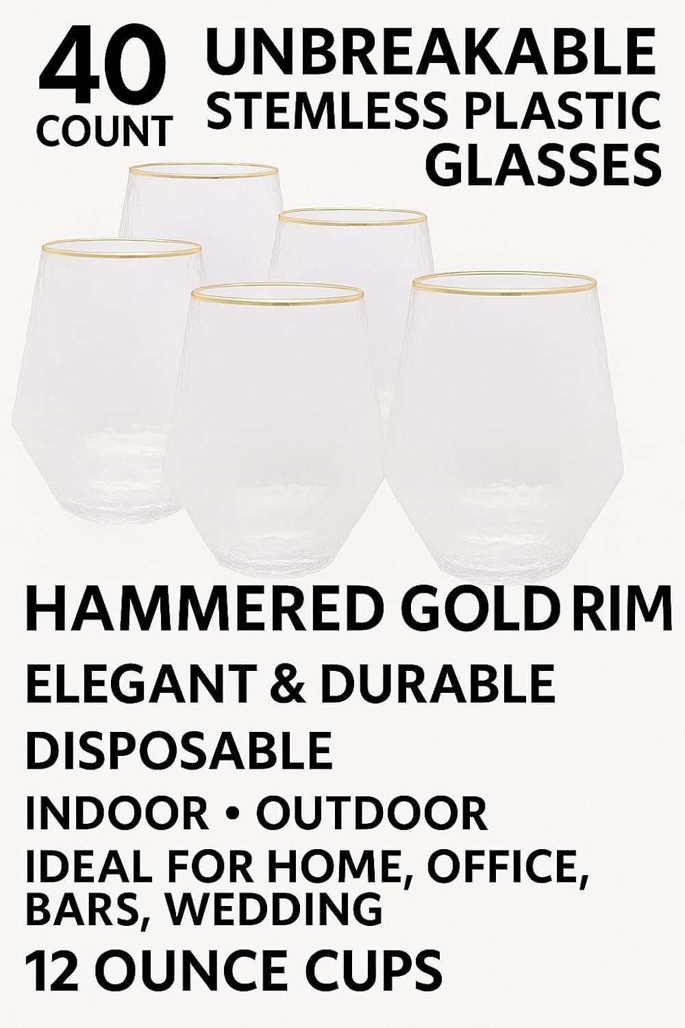 40 count Diamond Unbreakable Stemless Plastic Wine Champagne Whiskey Glasses Elegant Durable