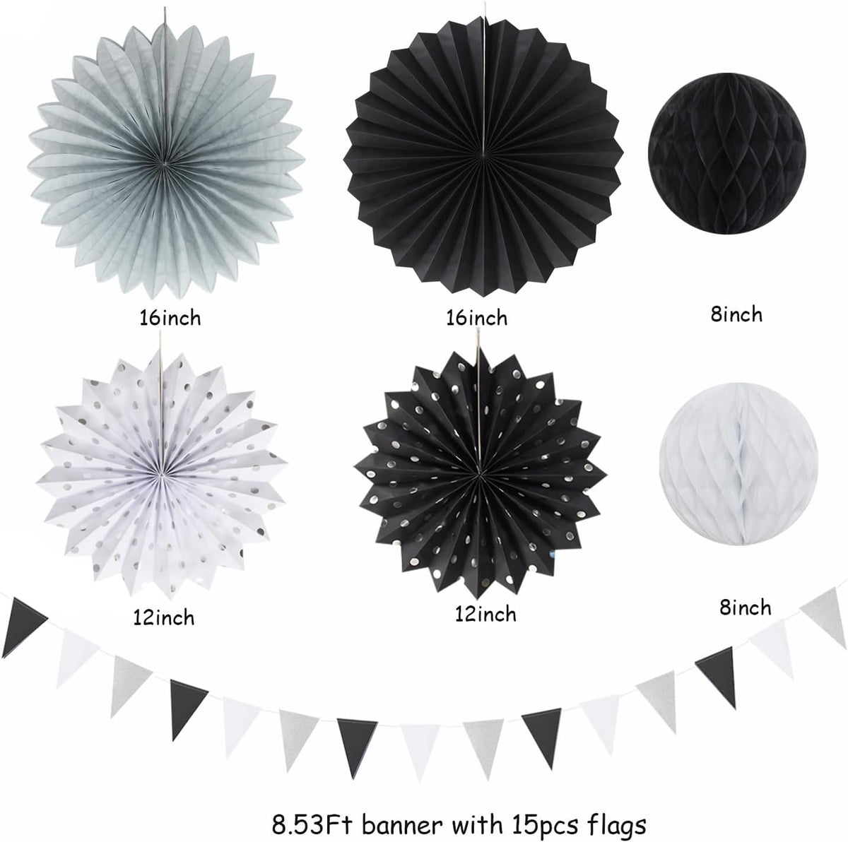 Black White Silver Party Decorations - 20pcs New Year Men Birthday Paper Lanterns Fans,Tissue Pom