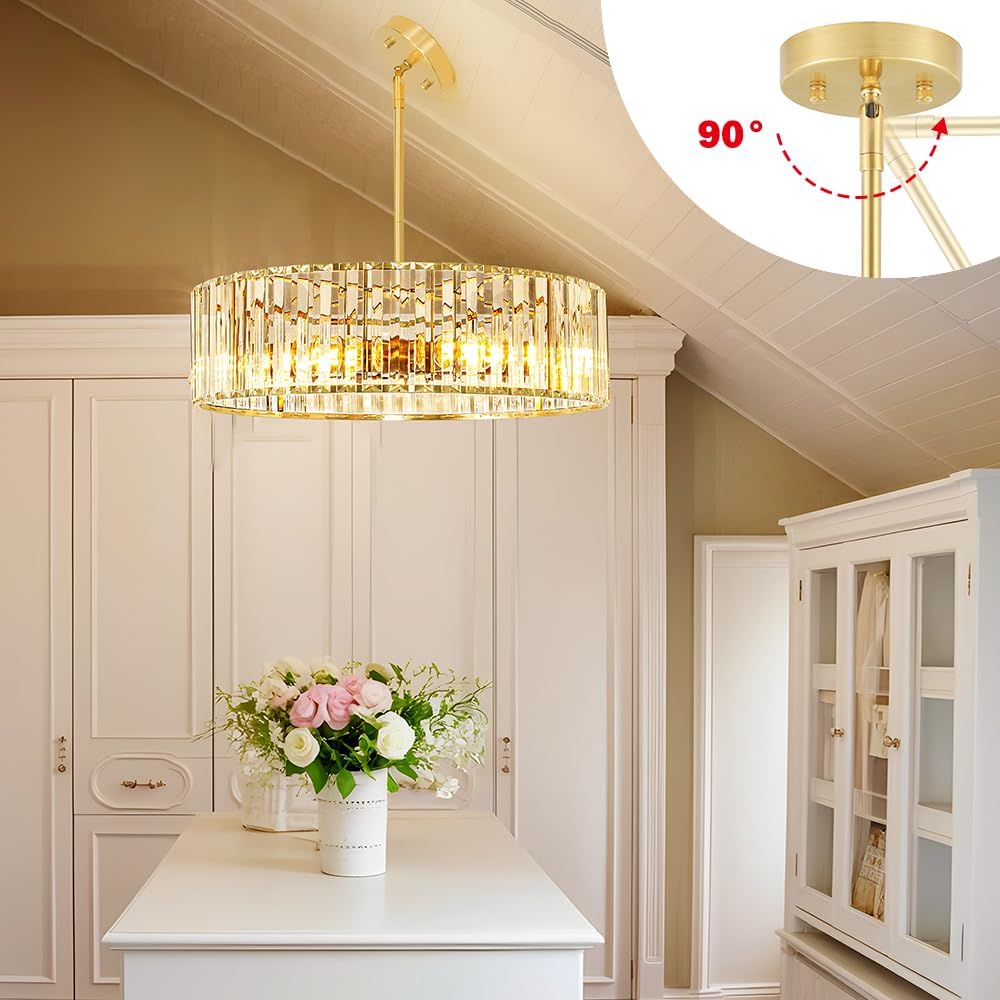 Gold Crystal Chandelier for Dining Room, 6-Light Modern Semi Flush Mount Ceiling Lighting Fixtures