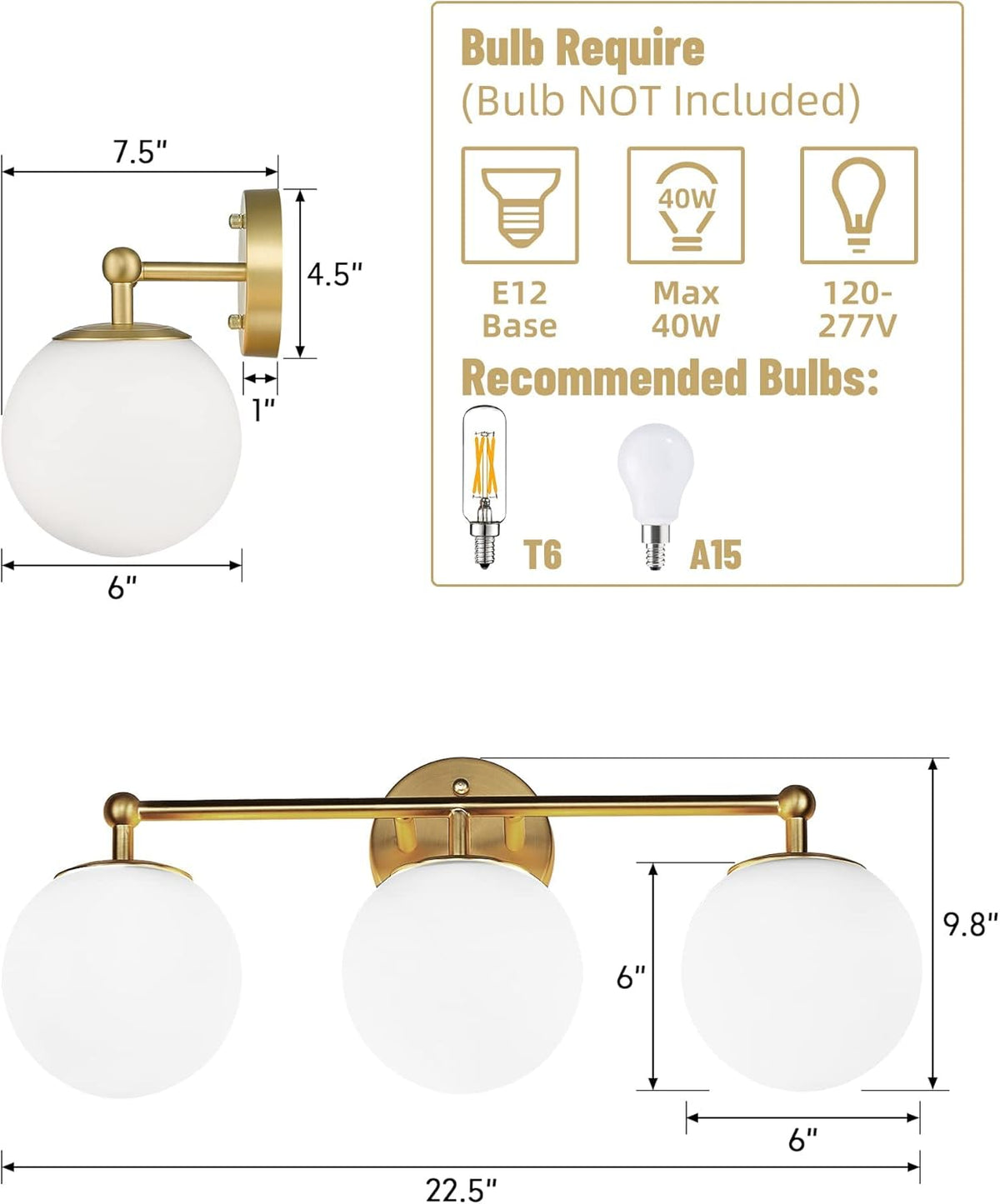Gold Vanity Light for Bathroom, Modern Bathroom Light Fixtures Over Mirror Brushed Gold Vanity