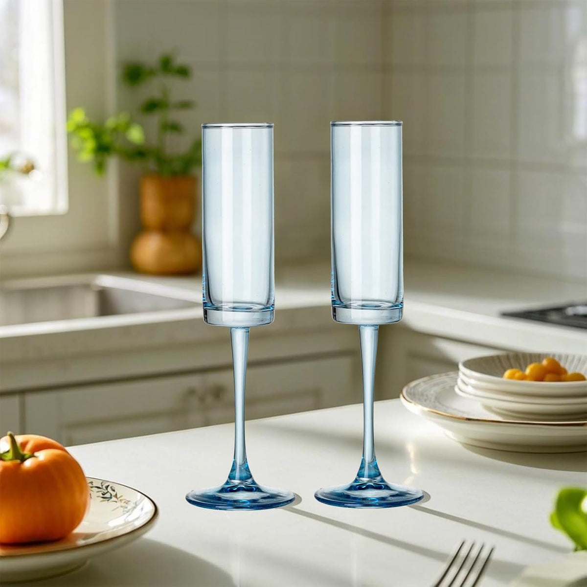 24 Pieces Blue Champagne Flutes 6 OZ Straight Sided Wine Glasses Champagne Long Stem Drinking