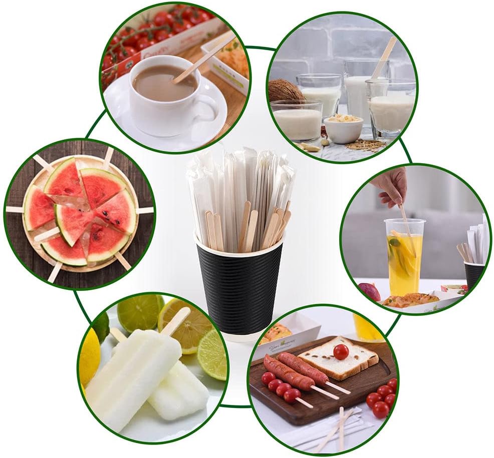 500pcs Individually Wrapped Coffee Stirrers Wood - 7" Coffee Stir Sticks, Round End Disposable