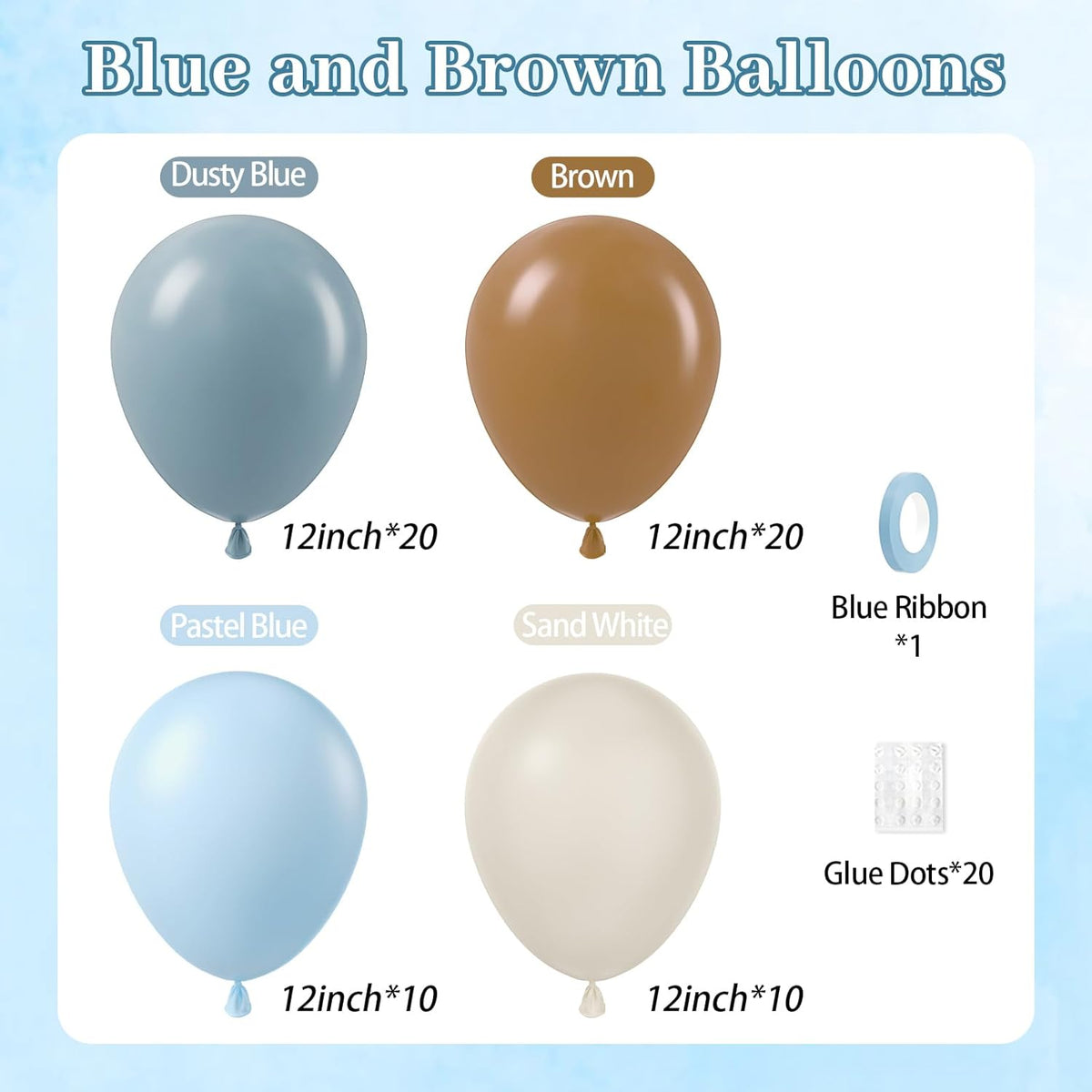60pcs Blue and Brown Balloons 12inch with Brown Dusty Pastel Blue Sand White Balloons for One Sweet