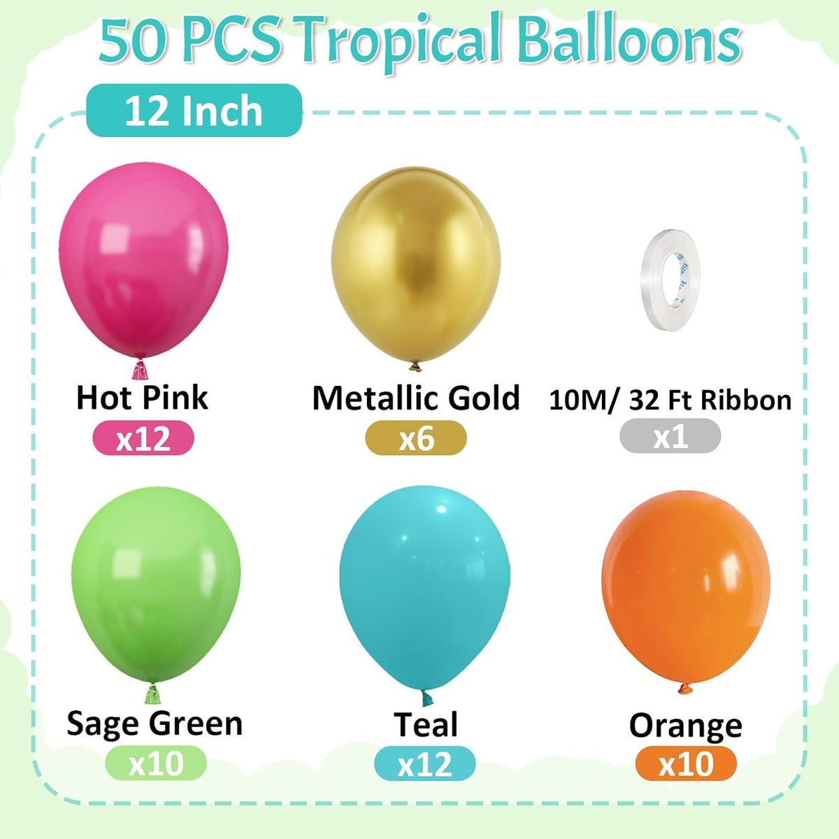 Paready Tropical Balloons Set, 50 Pcs Hawaiian Party Balloons, 12 Inch Hot Pink Orange Teal Green