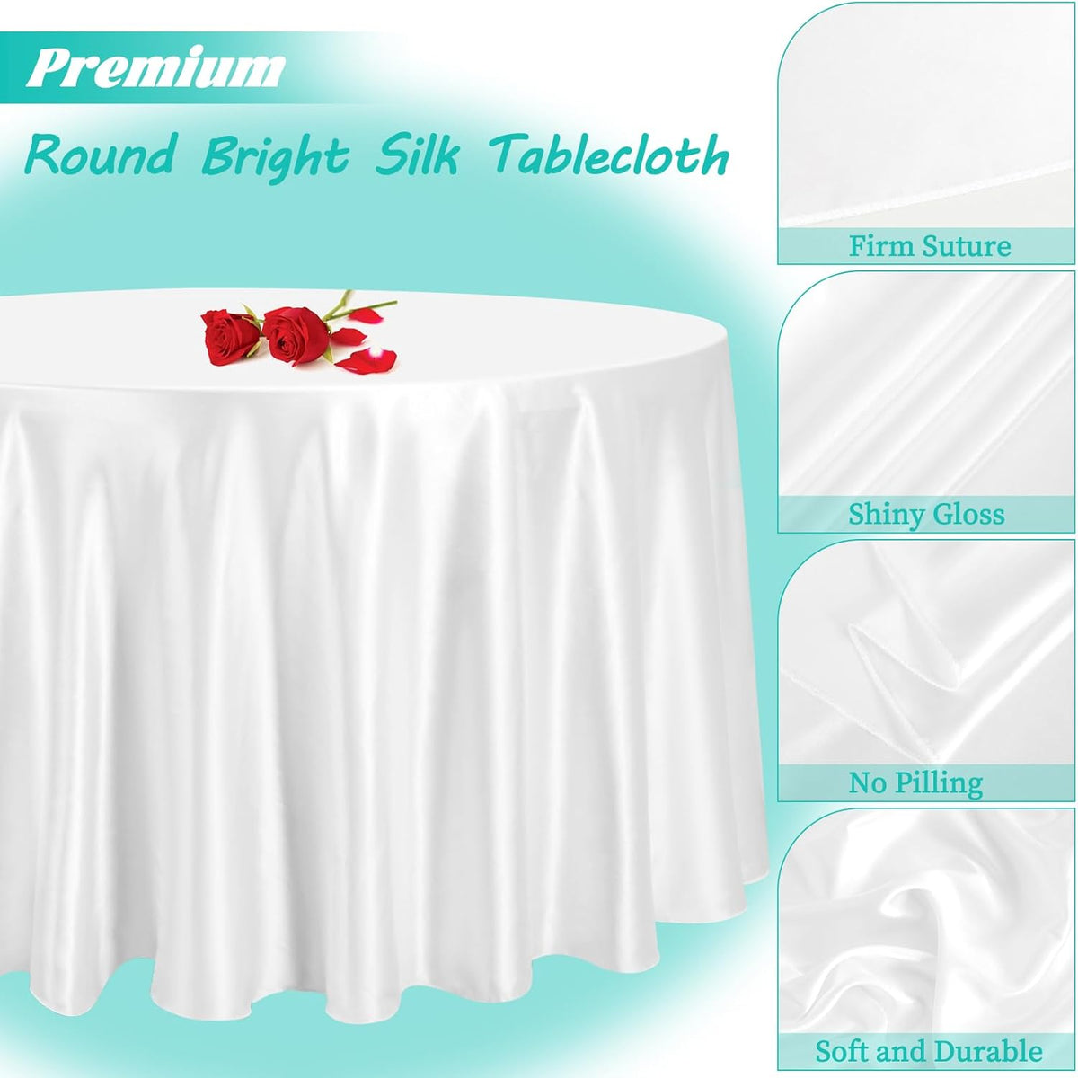 12 Pack 120 Inch White Satin Tablecloth - Premium Bright Silky Round Tablecloth Overlay Smooth