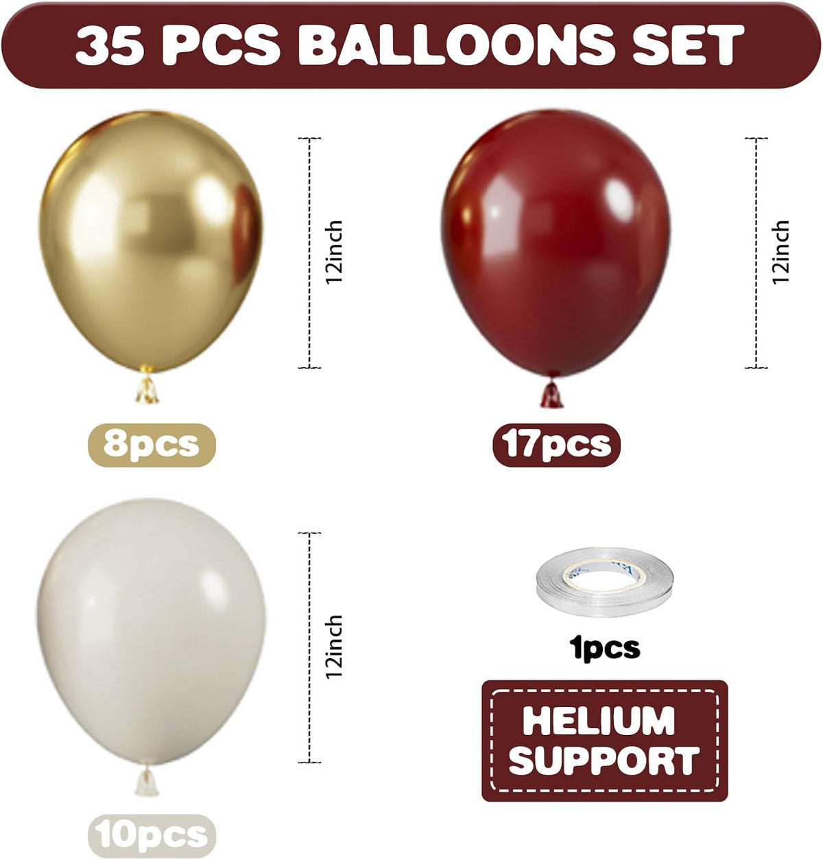 Red and Gold Balloons, 12 Inch Burgundy Gold Balloons, Maroon Balloons, Metallic Gold Dark Red