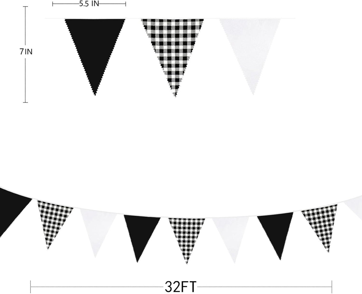 32Ft Black Party Decorations Black Buffalo Plaid Checkered White Triangle Flag Gingham Pennant