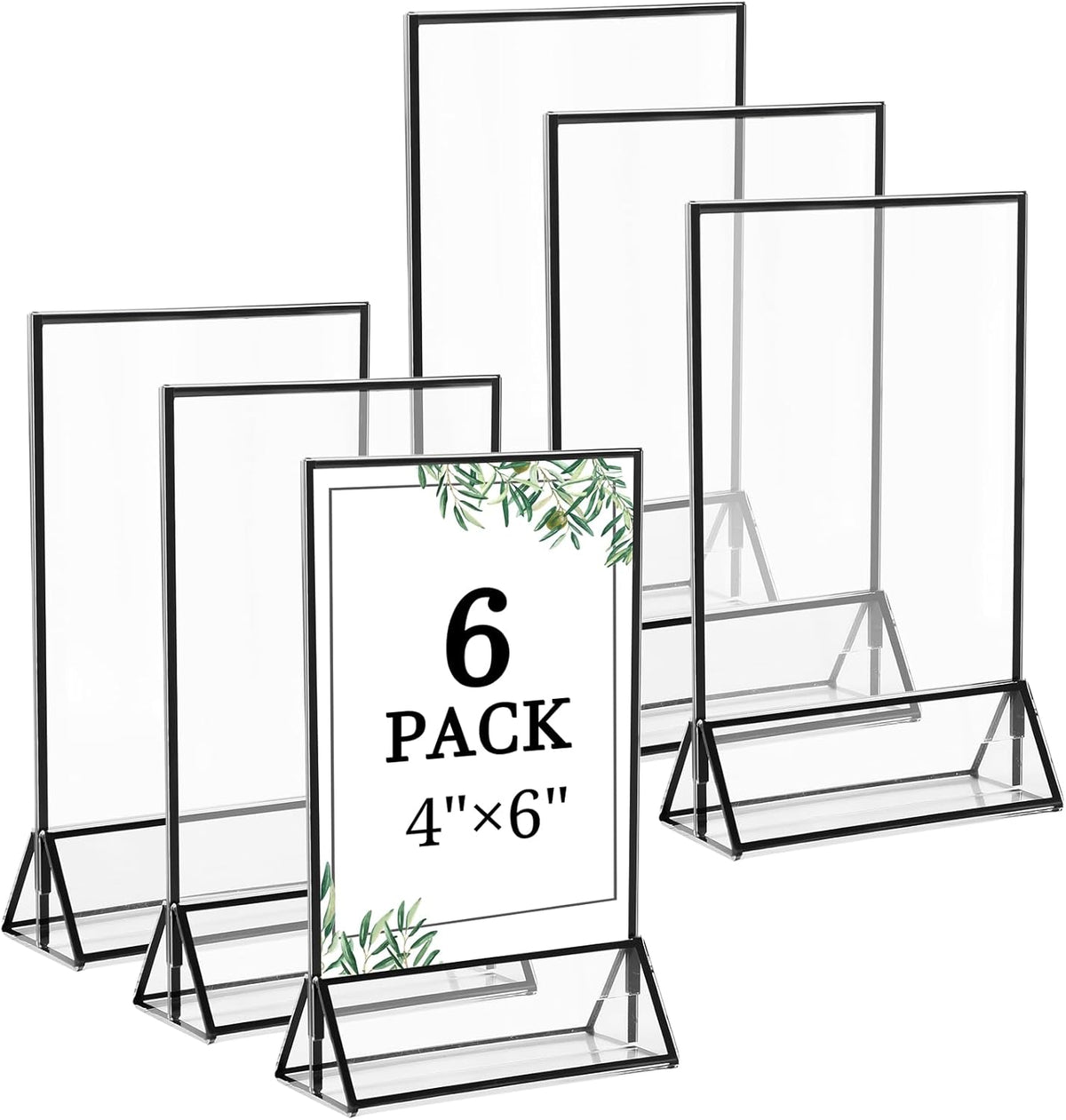 Floroom 6 Pack 4x6 Inch Clear Acrylic Sign Holders, Double-Sided Black Display Stand Picture Frames