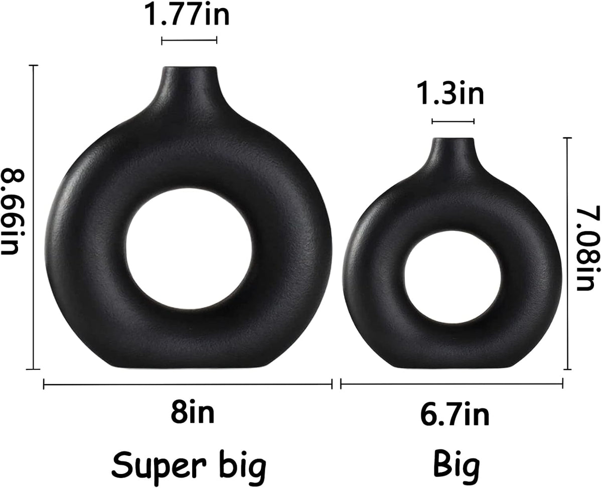 Black Ceramic Vase Set of 2 for Modern Boho Decor,Round Matte Pampas Flower Vases Minimalist Nordic