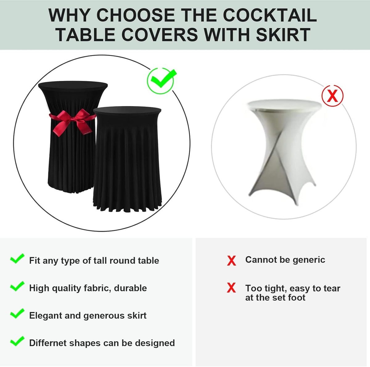 Cocktail Table Covers - 3 Pack 32"x 43" Black Cocktail Table Tablecloth with Natural Wavy Round