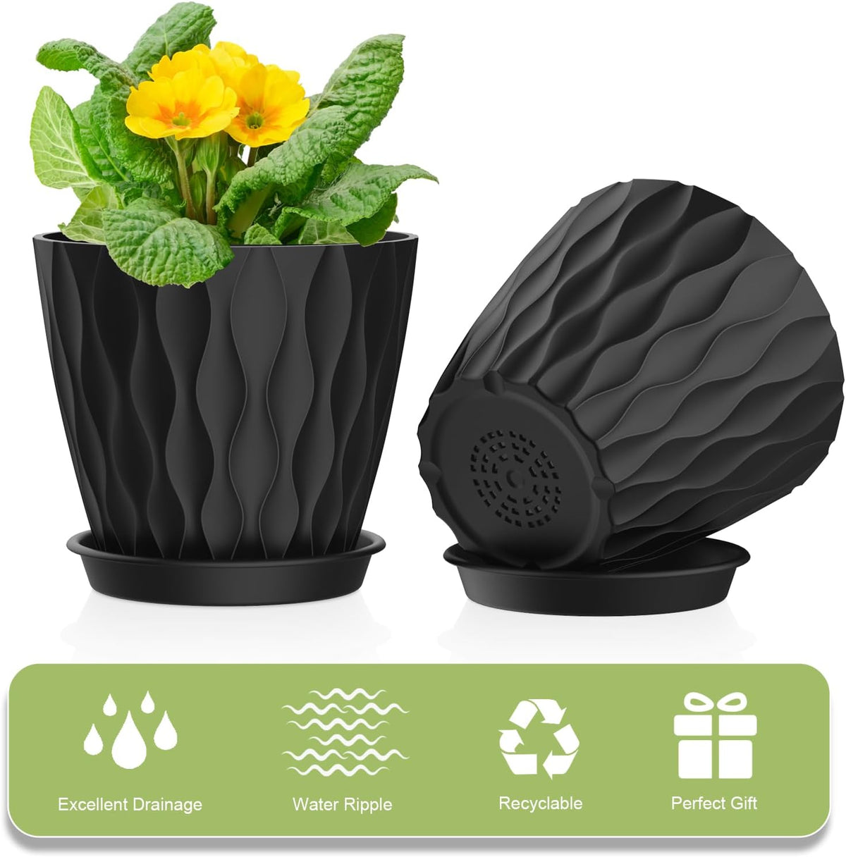 12 Pack 4 Inch Small Plant Pots with Saucers, Waffle Texture Plastic Planters with Drainage Holes