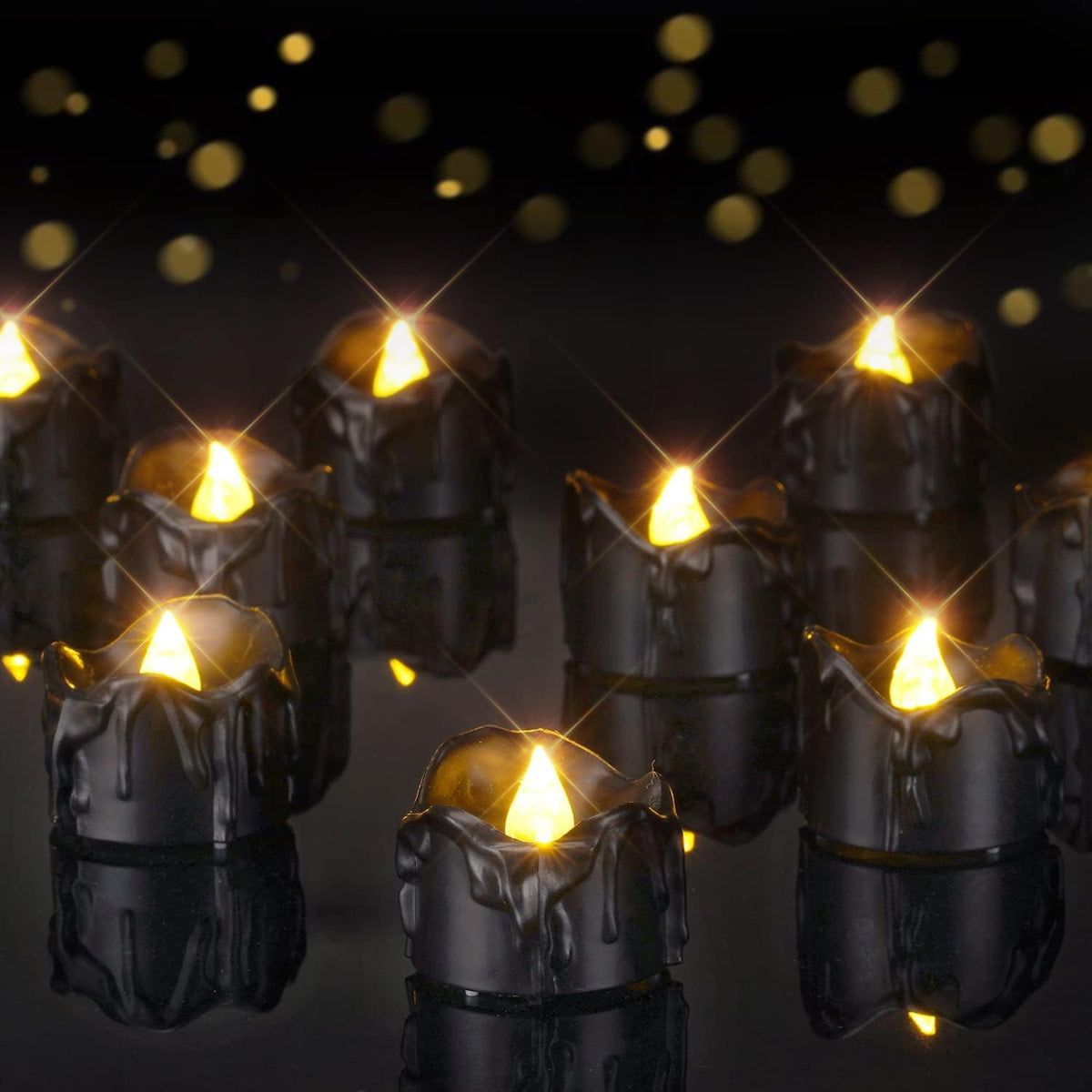 Homemory 24-Pack Halloween Black Dripping Flameless Tea Lights, Battery Operated Flickering LED