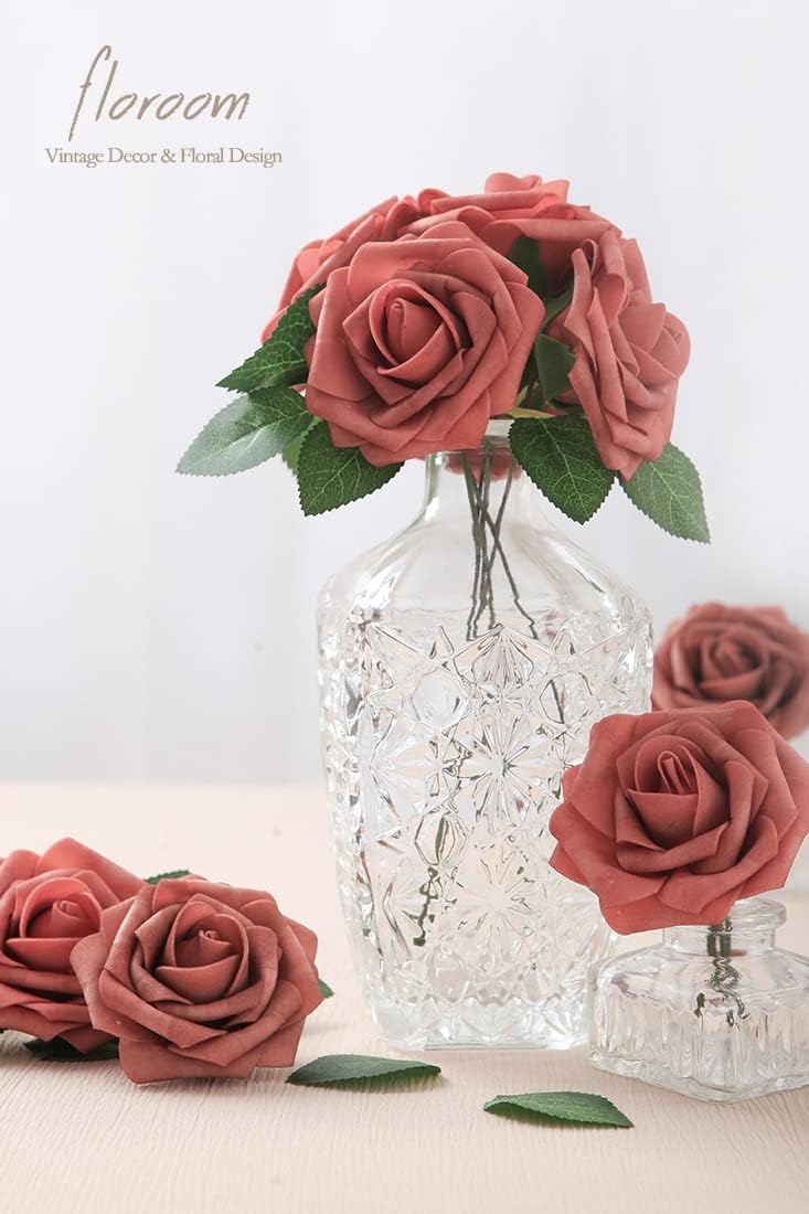 Floroom Artificial Flowers 25pcs Real Looking Dusty Cedar Foam Fake Roses with Stems for DIY
