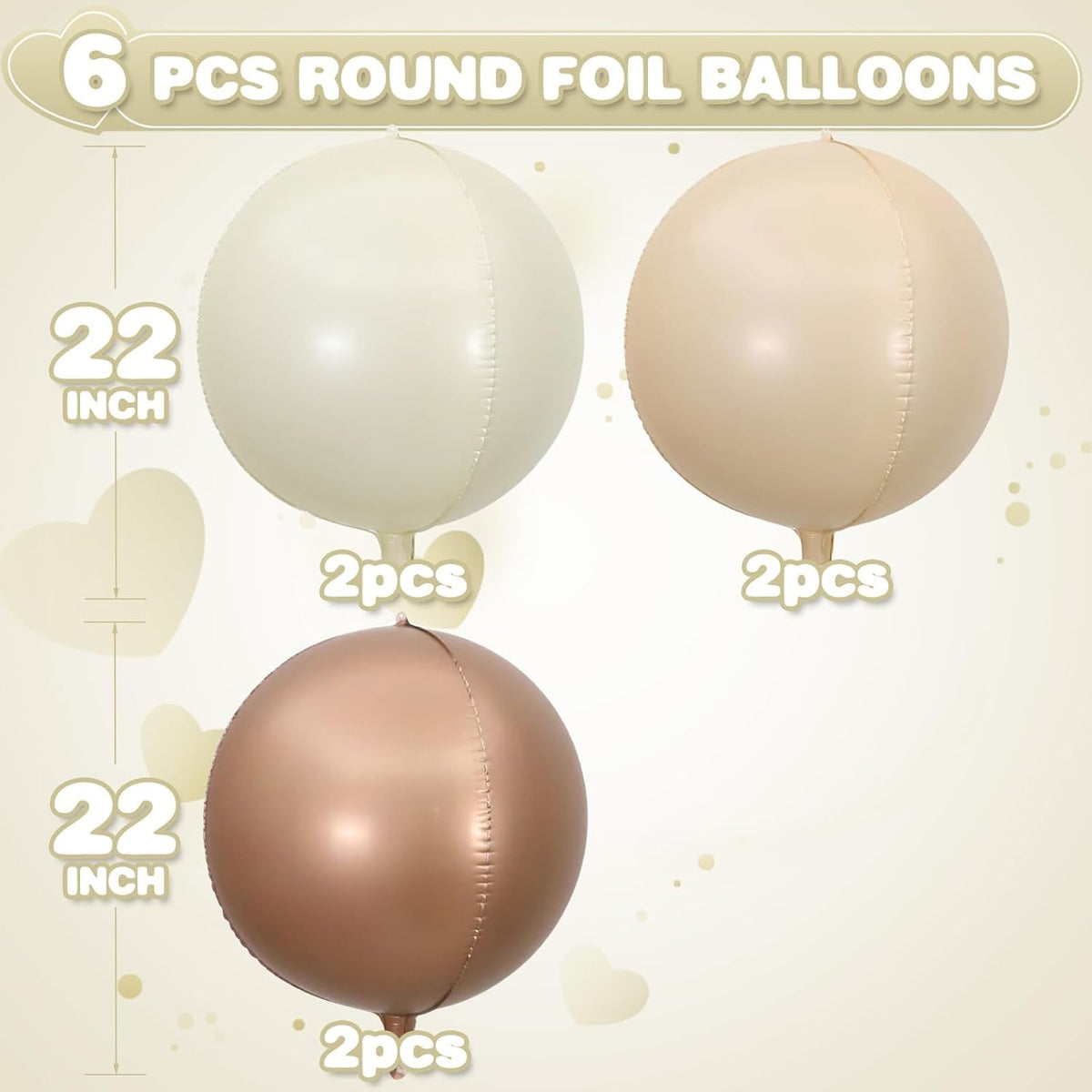 Sand White Brown Round Foil Balloons 6Pcs,Giant 4D Round Ball Balloons,22 Inch Boho Cream Nude