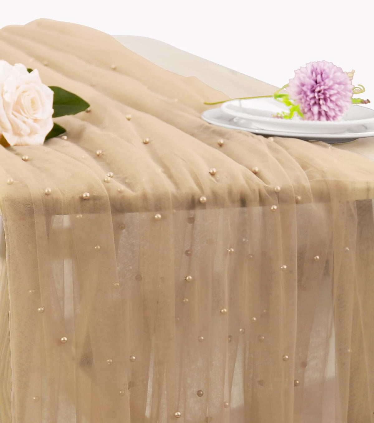 Pearl Table Runner 29 x 120 Inch Tulle Fabric Lace Table Runners Boho Rustic Tablecloth for Bridal