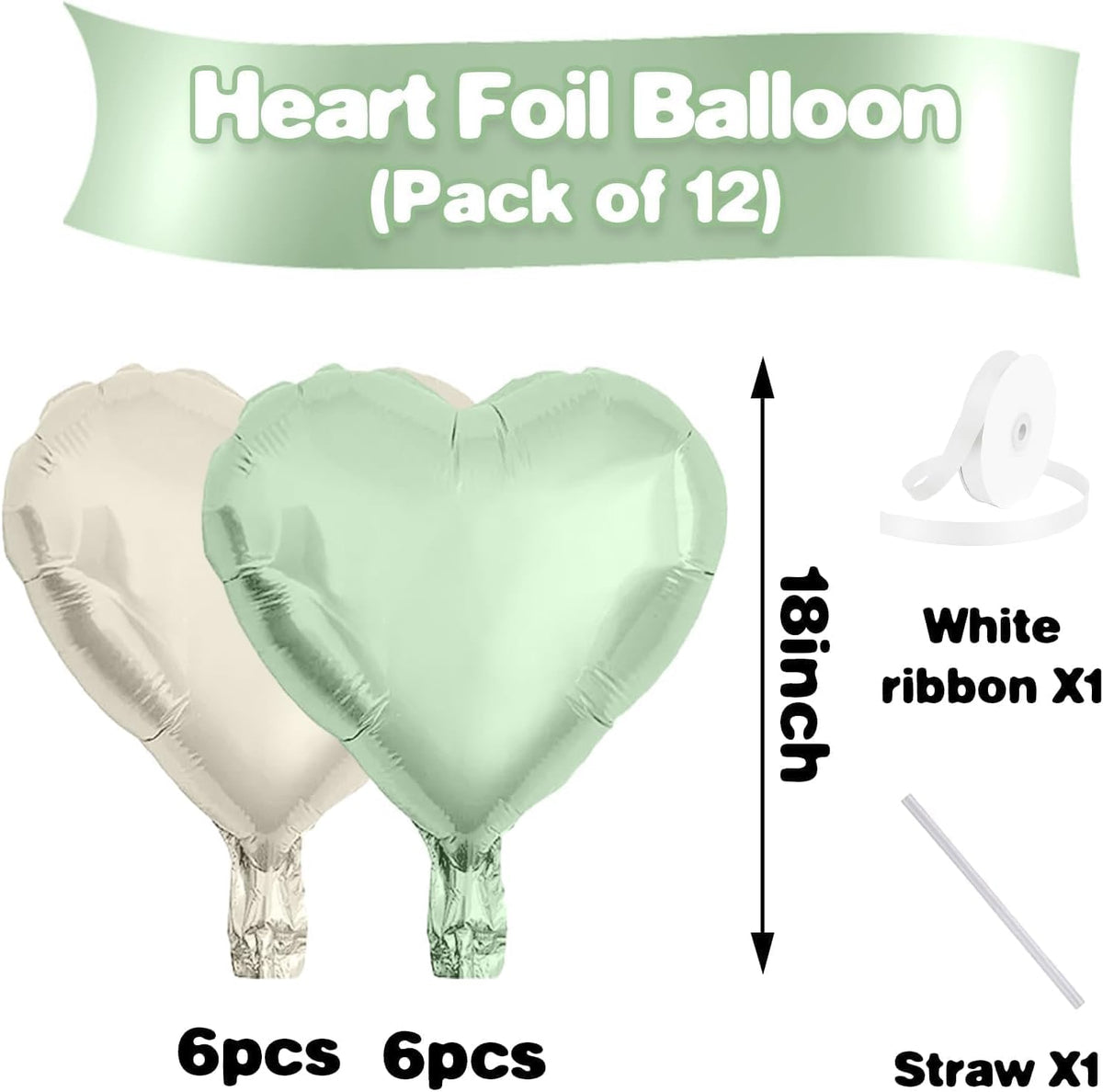 Sage Green White Heart Balloons,12Pcs 18 Inch Oliver Green Cream Foil Love Heart Shaped Balloons