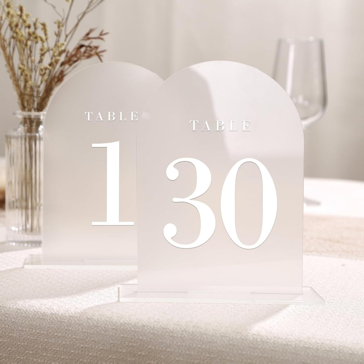 UNIQOOO Frosted Arch Wedding Table Numbers with Stands 1-30, 5x7" Acrylic Display Signs and