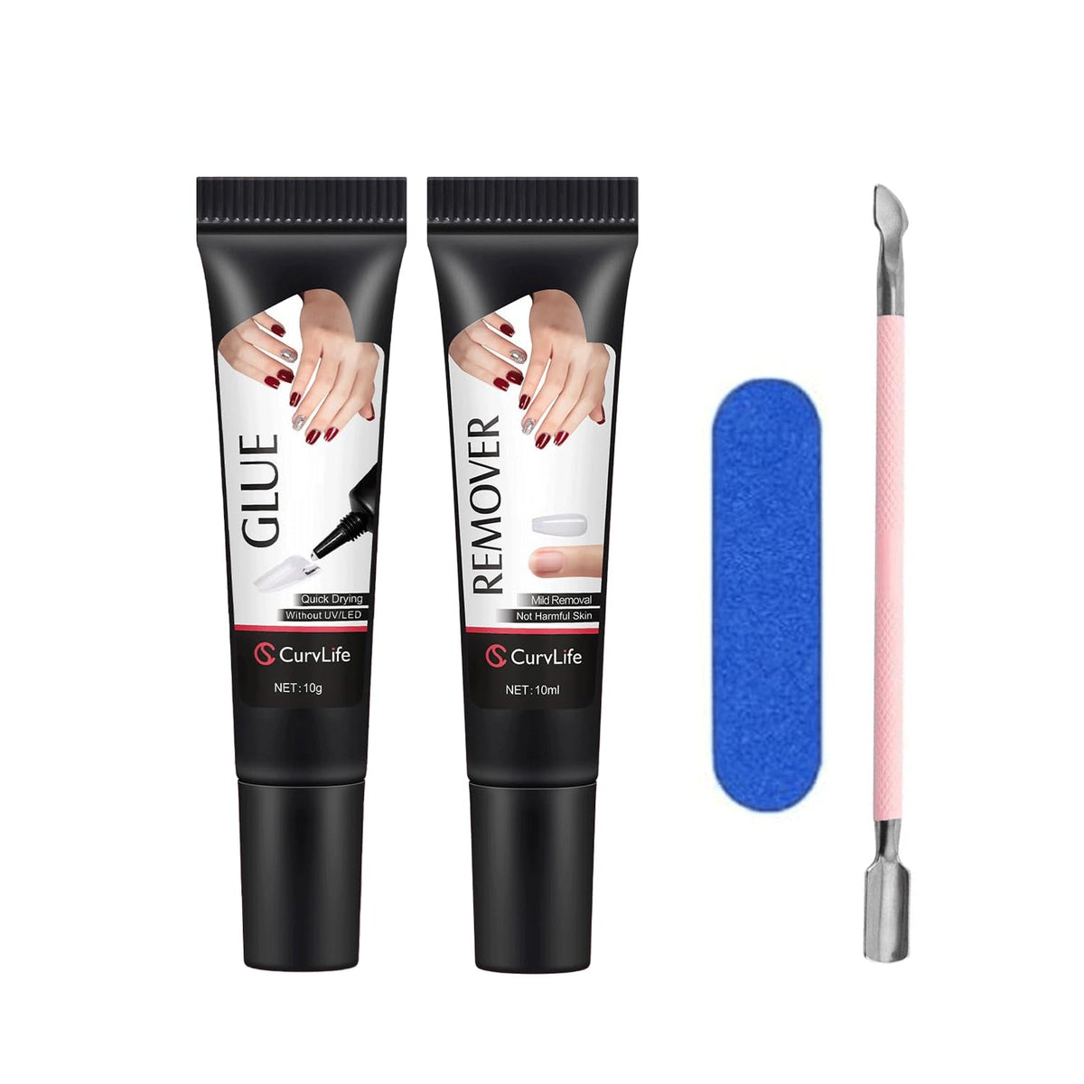 Curvlife Soft Quick Drying 10g Semi Solid Nail Glue with 10ml Remover with Cuticle Pusher Nail Art