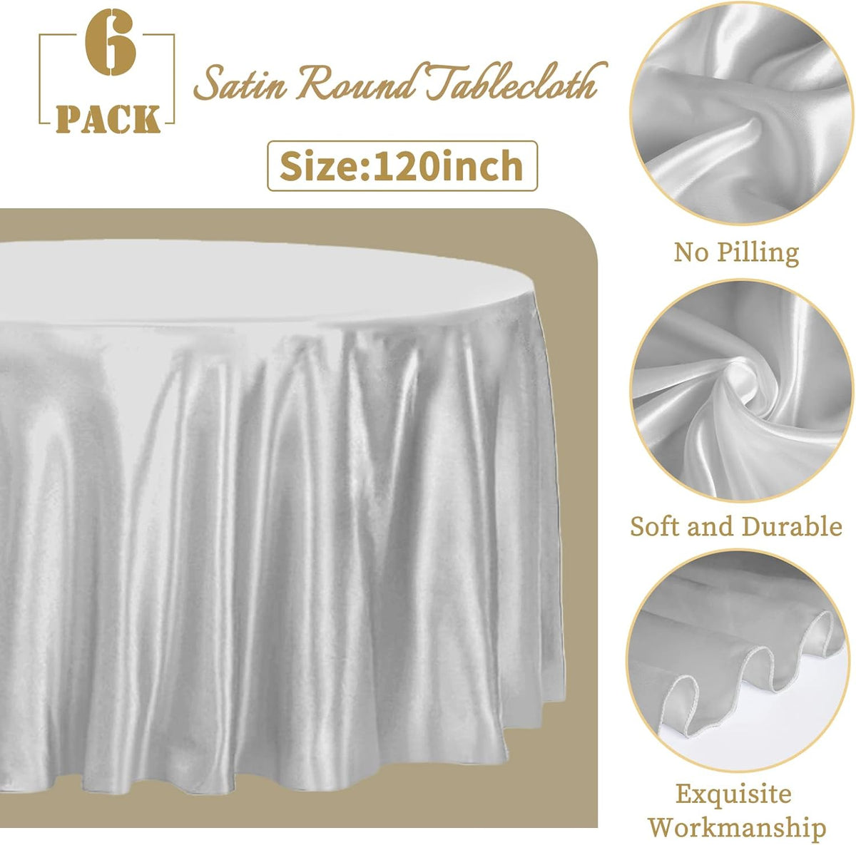 fani 6 Pack 120 Inch Sliver Round Tablecloth - Premium Silky Satin Tablecloth Overlay Smooth Fabric