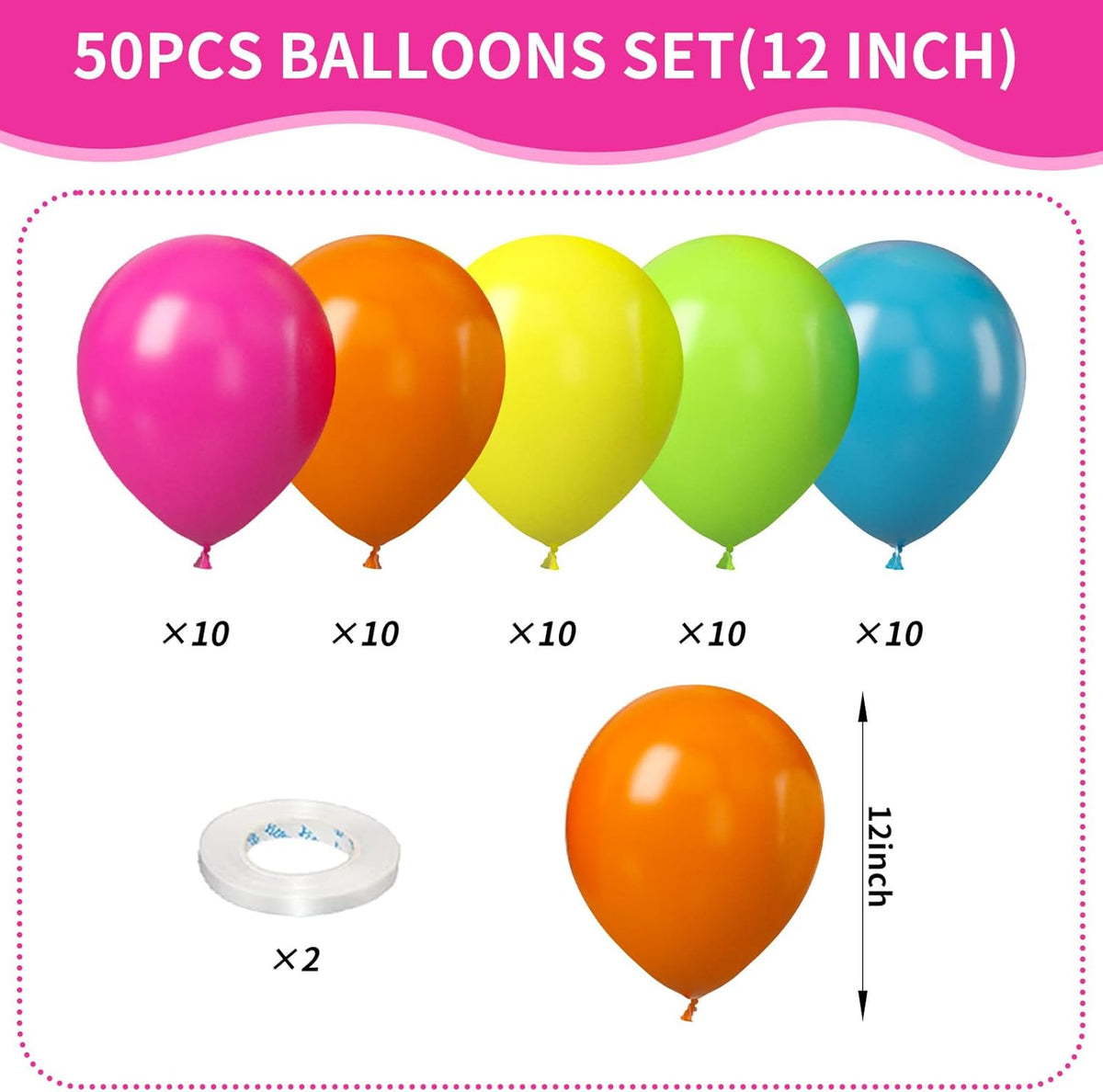 Rainbow Balloons, 50Pcs 12 Inches Yellow Orange Hot Pink Lime Green Neon Balloons Multicolor for