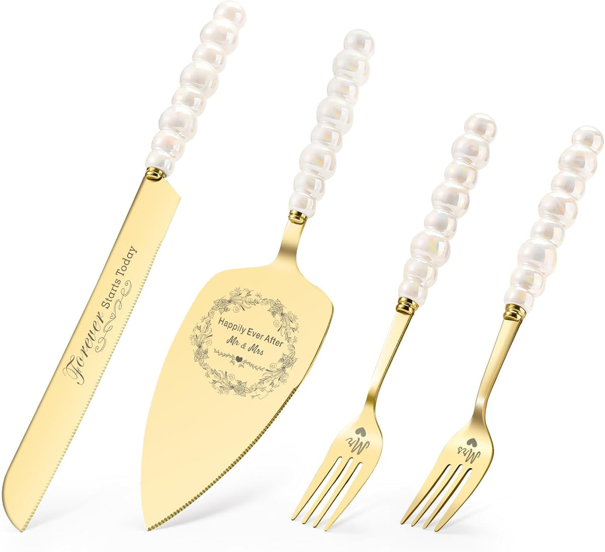 Wedding Cake Knife and Server Set,Gold Cake Cutting Set for Wedding,Ceramic Pearl Handle Wedding