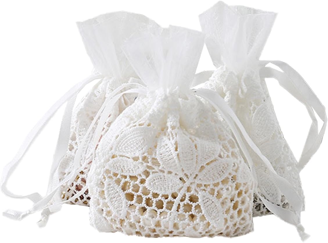 Petunny 6Pcs White Lace Drawstring Bags,Cotton Drawstring Gift Bags Embroidered Jewelry Pouch for