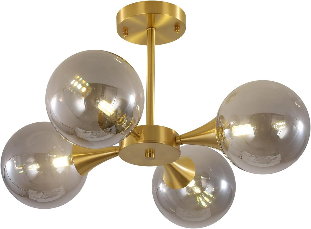 KCO Lighting 4-Lights Modern Gold Globe Semi Flush Mount Ceiling Light Mid Century Brushed Brass