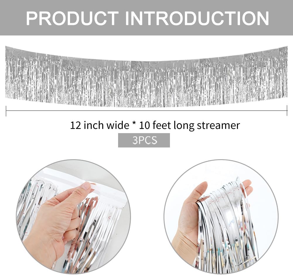 BEISHIDA 3 Packs 30 Feet Metallic Foil Fringe Garland Tinsel Streamers，Shiny Silver Wall Hanging