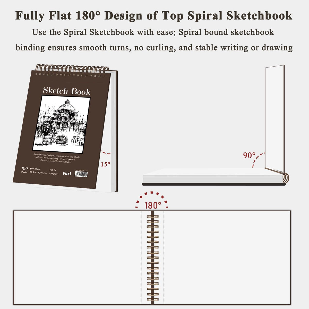 Fuxi 9" x 12" Sketch Book, Top Spiral Bound Sketch Pad, 100 Sheets 68lb/100gsm Acid-Free Drawing