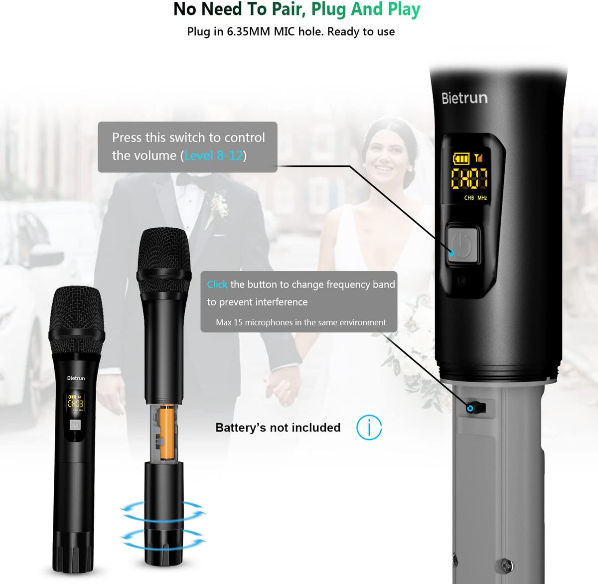 Wireless Microphone, Bietrun UHF Metal Dual Handheld Cordless Dynamic Mic System with Rechargeable