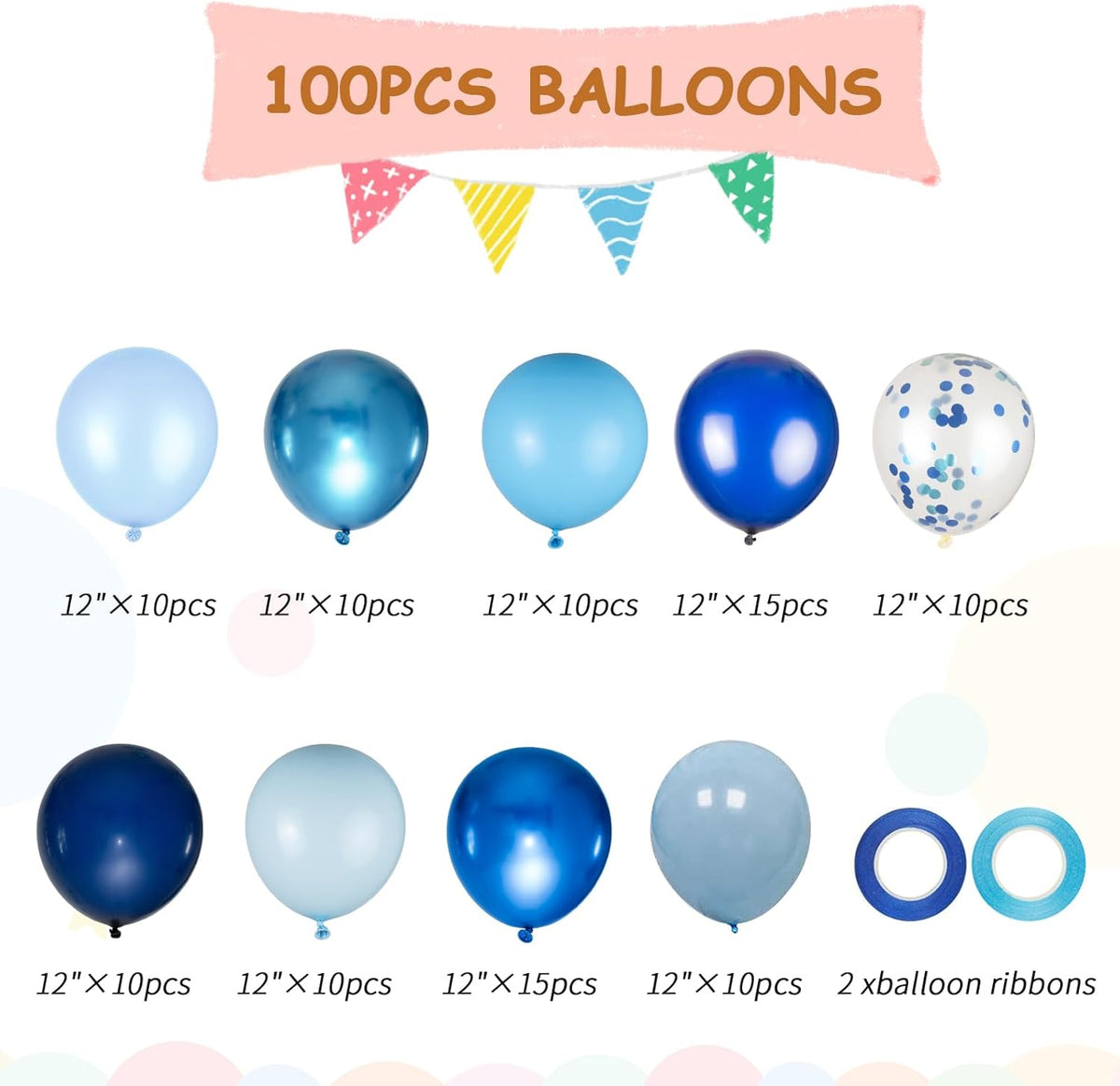 100pcs Blue Balloons - 12inch Metallic Royal Navy & Pearl Blue Balloons with Confetti for Birthday