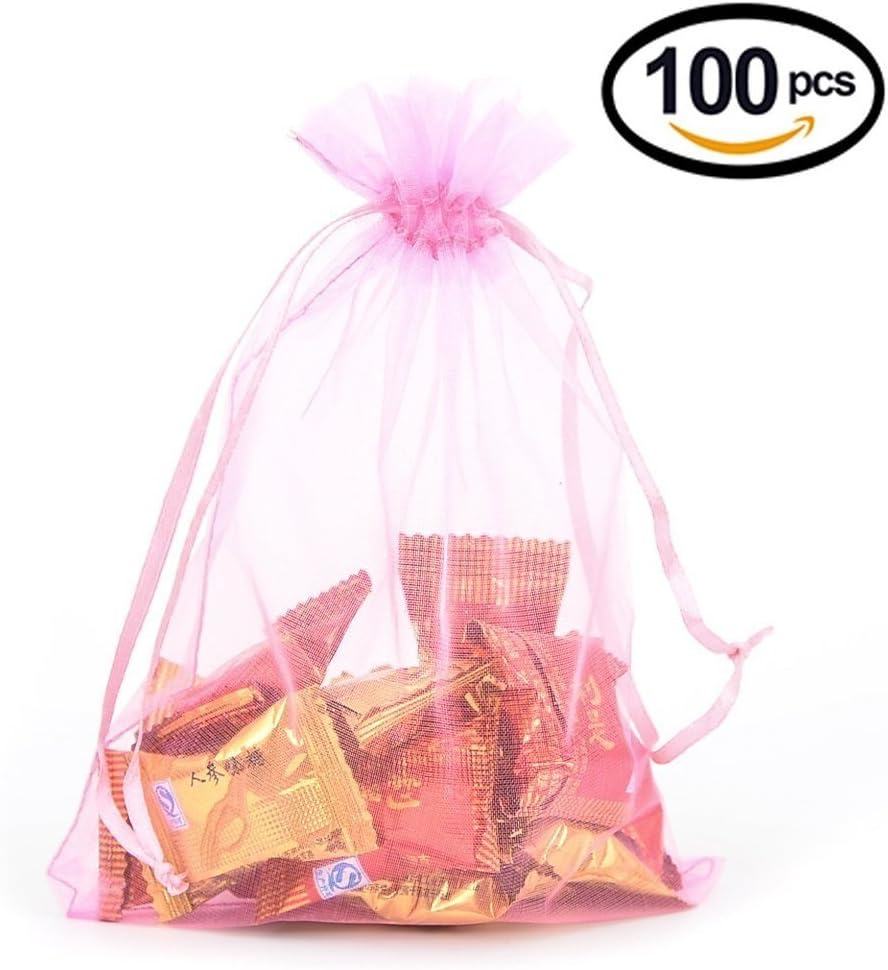 Wudygirl 100pcs Sheer Pink 5''X7 Organza Bags with Drawstring Jewelry Lipstick Pouches Baby Shower