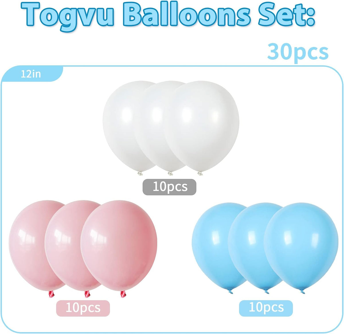 Pink Blue White balloons, 30 Pieces Pastel Pink White Blue Latex Balloons, 12 Inch Baby Pink Blue