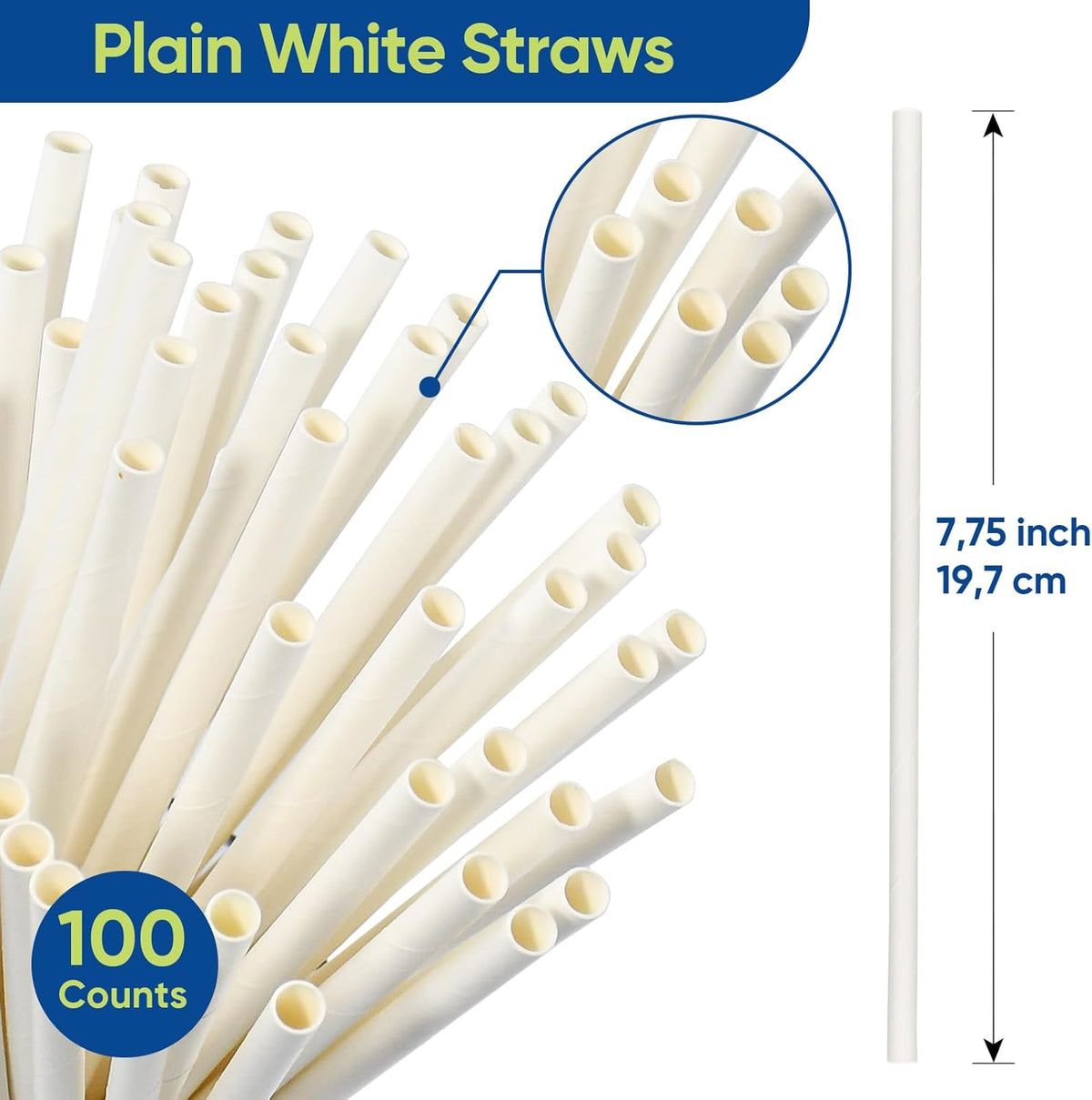 7.75 inch Disposable Paper Drinking Straws, Dye-free White, for Cocktails, Juice, Beverage, Coffee