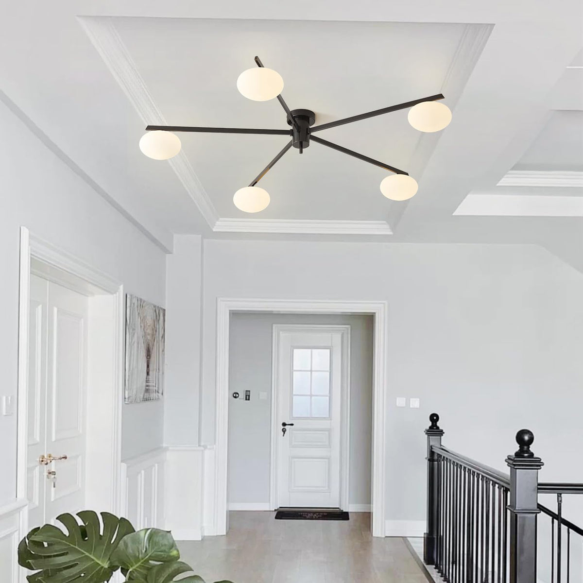 5 Lights Mid Century Modern Black Sputnik Semi Flush Mount Ceiling Light Vintage Glass Close to