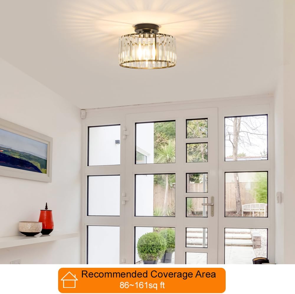 Crystal Ceiling Light Fixture, Modern Semi Flush Mount Ceiling Light, Black Close To Ceiling Light