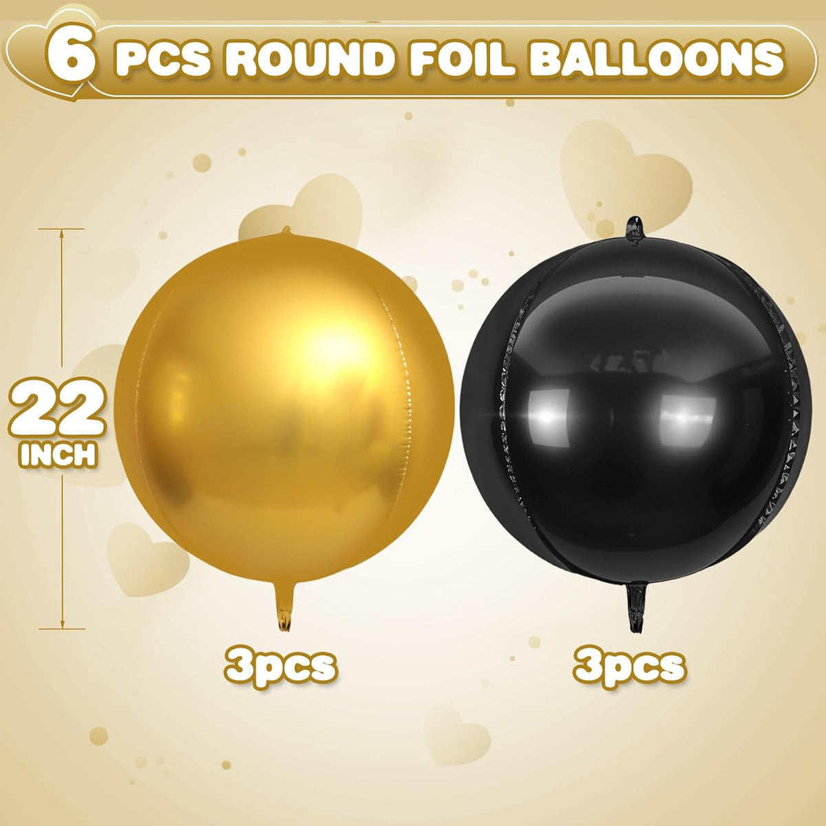 6Pcs Black Gold Round Foil Balloons,Giant 4D Round Ball Balloons,22 Inch Metallic Black Gold