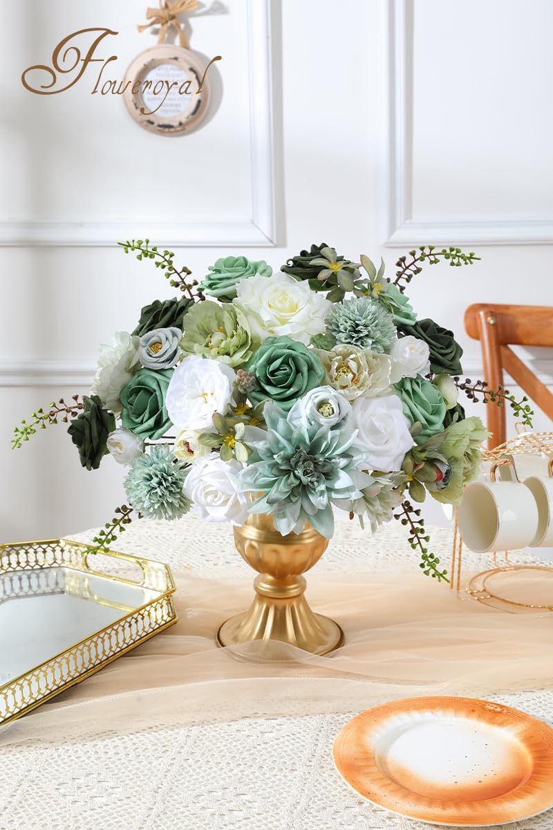 Floweroyal Artificial Flowers Combo Green Flowers Mix Silk Flowers Dahlia Roses with Stems for DIY