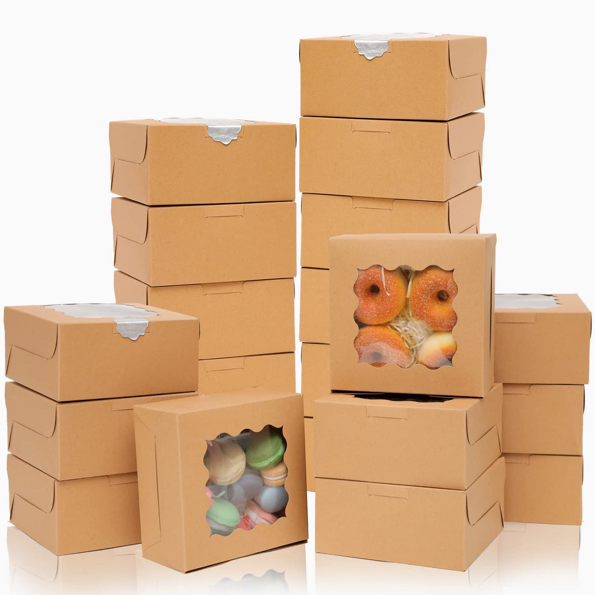 Bakepacker 60pcs Kraft Bakery Boxes with Window 6x6x3 inches Thick & Sturdy Macaroon Pastry Boxes