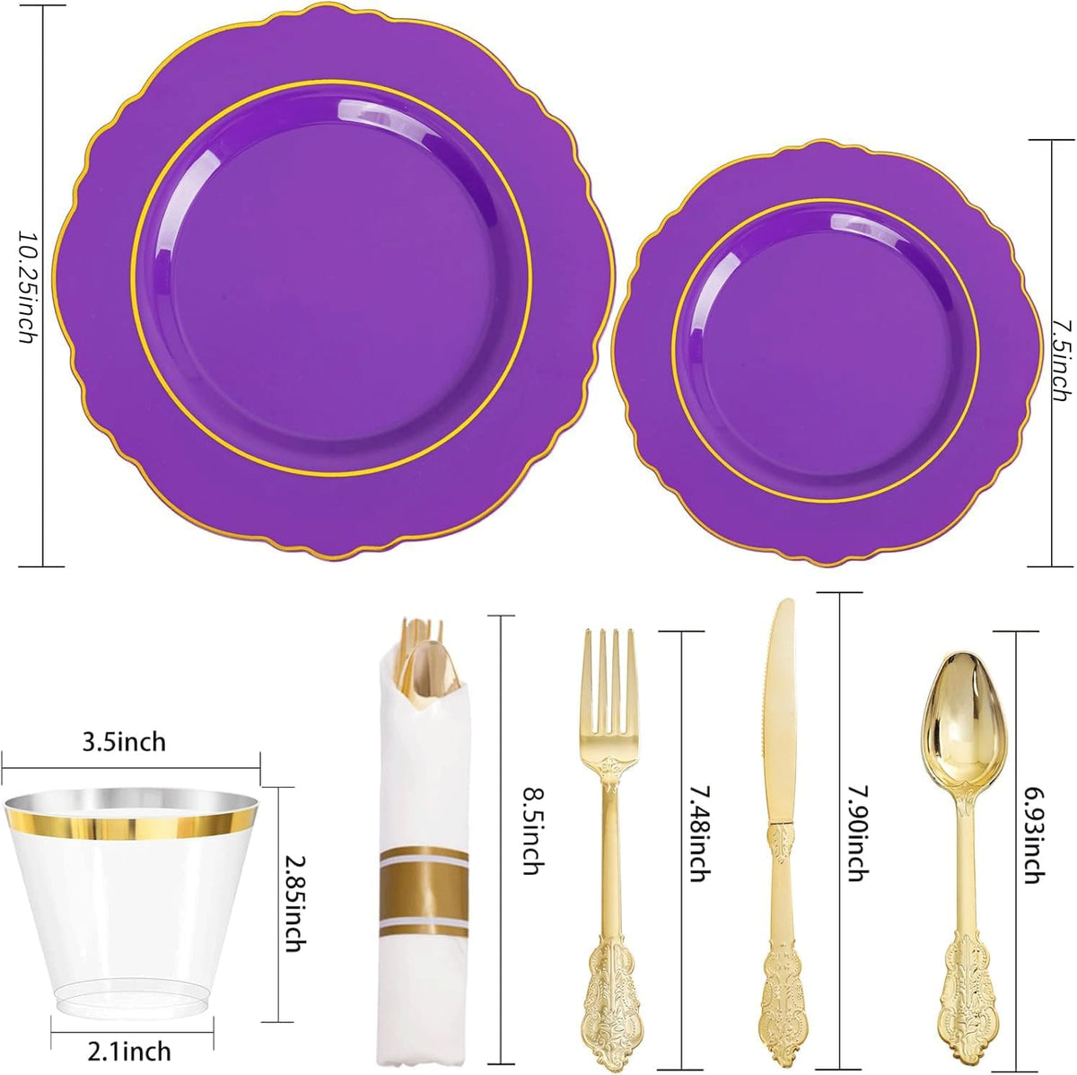 Liacere 350PCS Purple Plastic Plates-Disposable Purple and Gold Plates 50 guest Baroque Plastic