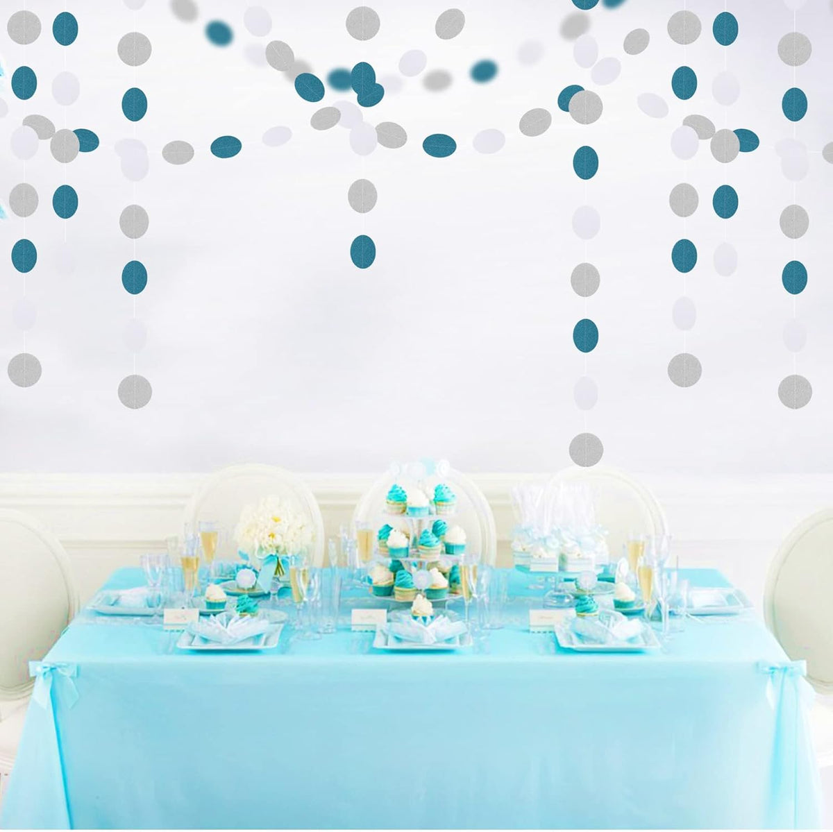 Teal-Turquoise White-Silver Party-Decorations Garland Streamers - 52Ft Woman Girl Frozen Birthday