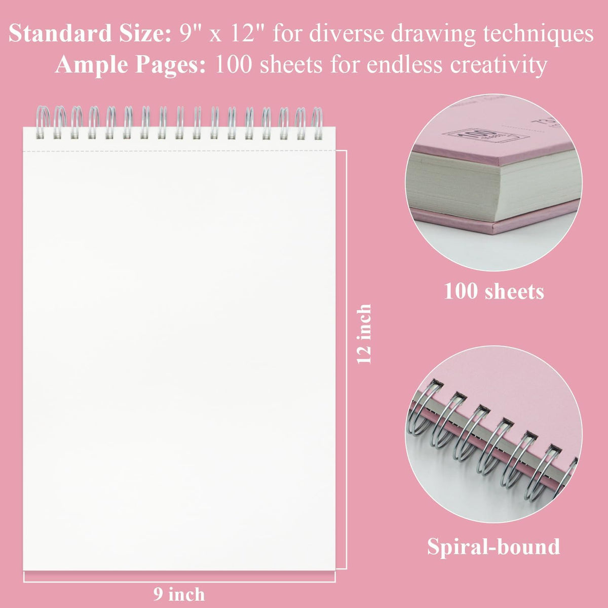 Cute Sketchbook Pink, 9"x12" Sketch Book for Teen Girls, 100 Sheets Girl Sketchbook 73lb/120gsm