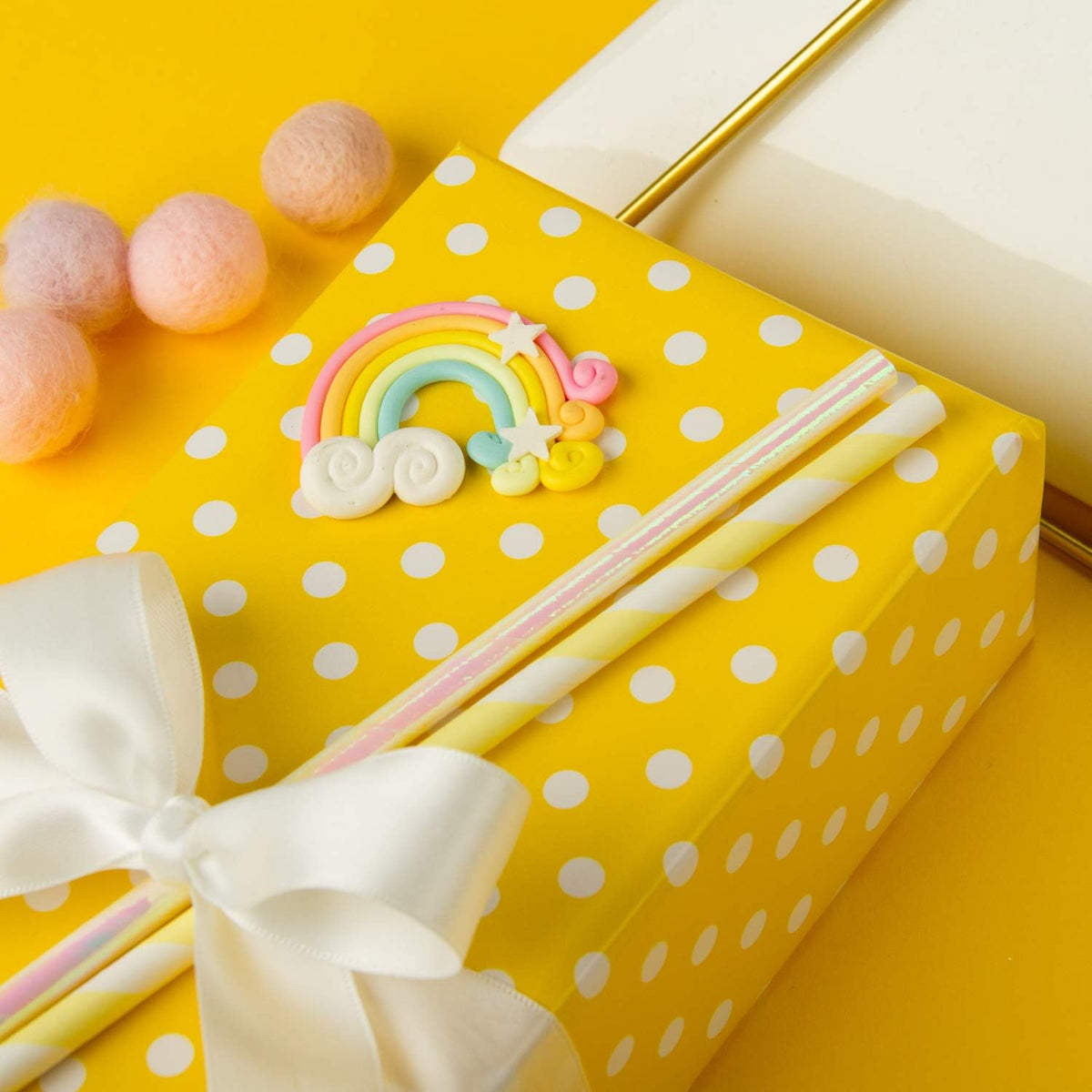 WRAPAHOLIC Reversible Wrapping Paper - Mini Roll - 17 Inch X 33 Feet - Yellow and Polka Dot Design