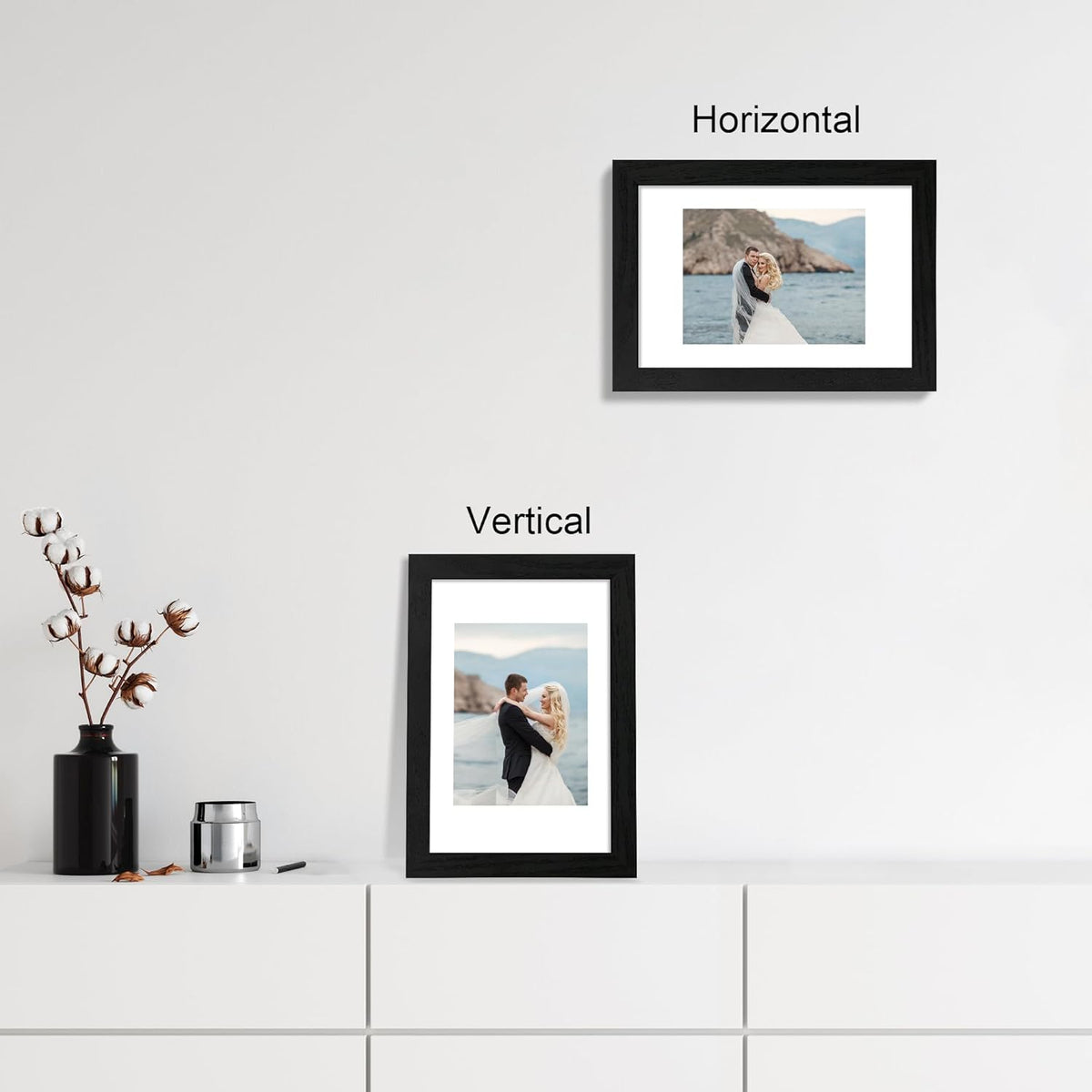 8x12 Picture Frame Set of 4 with HD Glass, Black Frame Display 6x8 Picture with Mat or 8 x 12