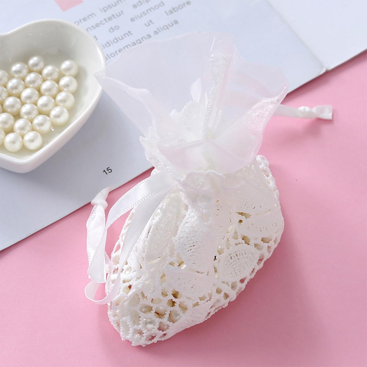 Petunny 6Pcs White Lace Drawstring Bags,Cotton Drawstring Gift Bags Embroidered Jewelry Pouch for