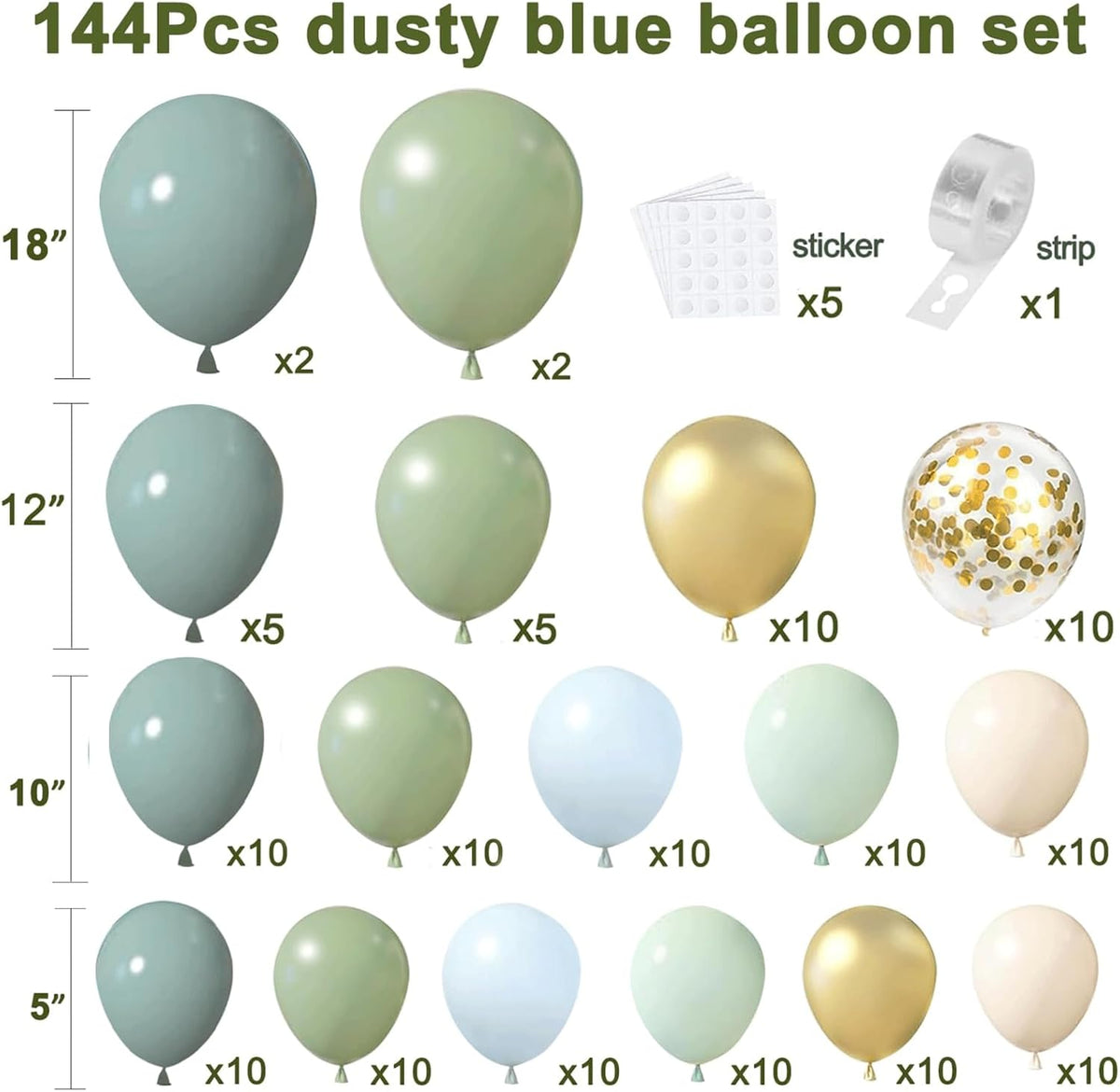 Dusty Blue Sage Green Balloon Arch Kit, Pastel Blue Green Sand White Gold Confetti Balloons Garland