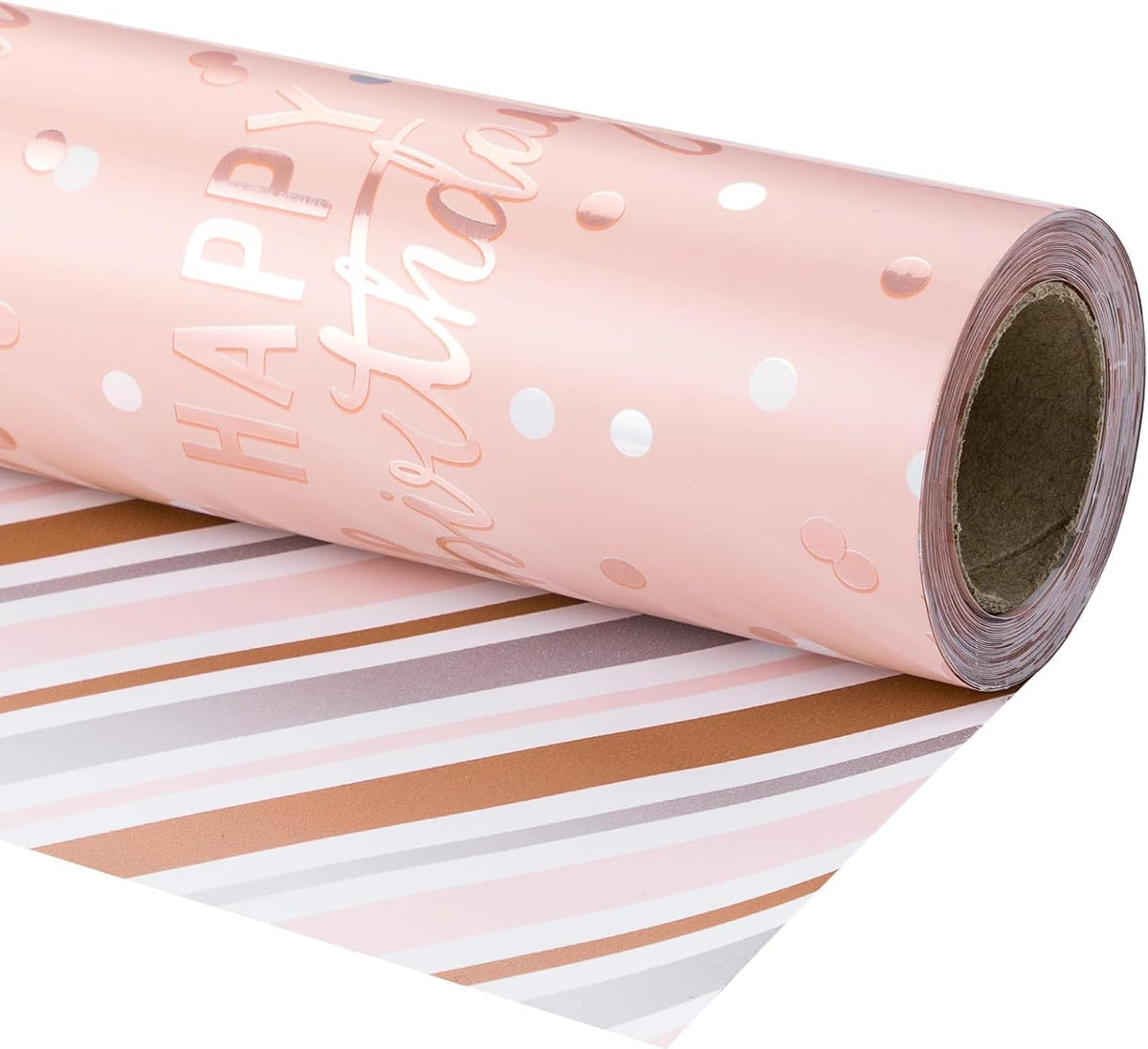 LeZakaa Reversible Pink Birthday Wrapping Paper Roll for Girls Women, Happy Birthday Lettering &