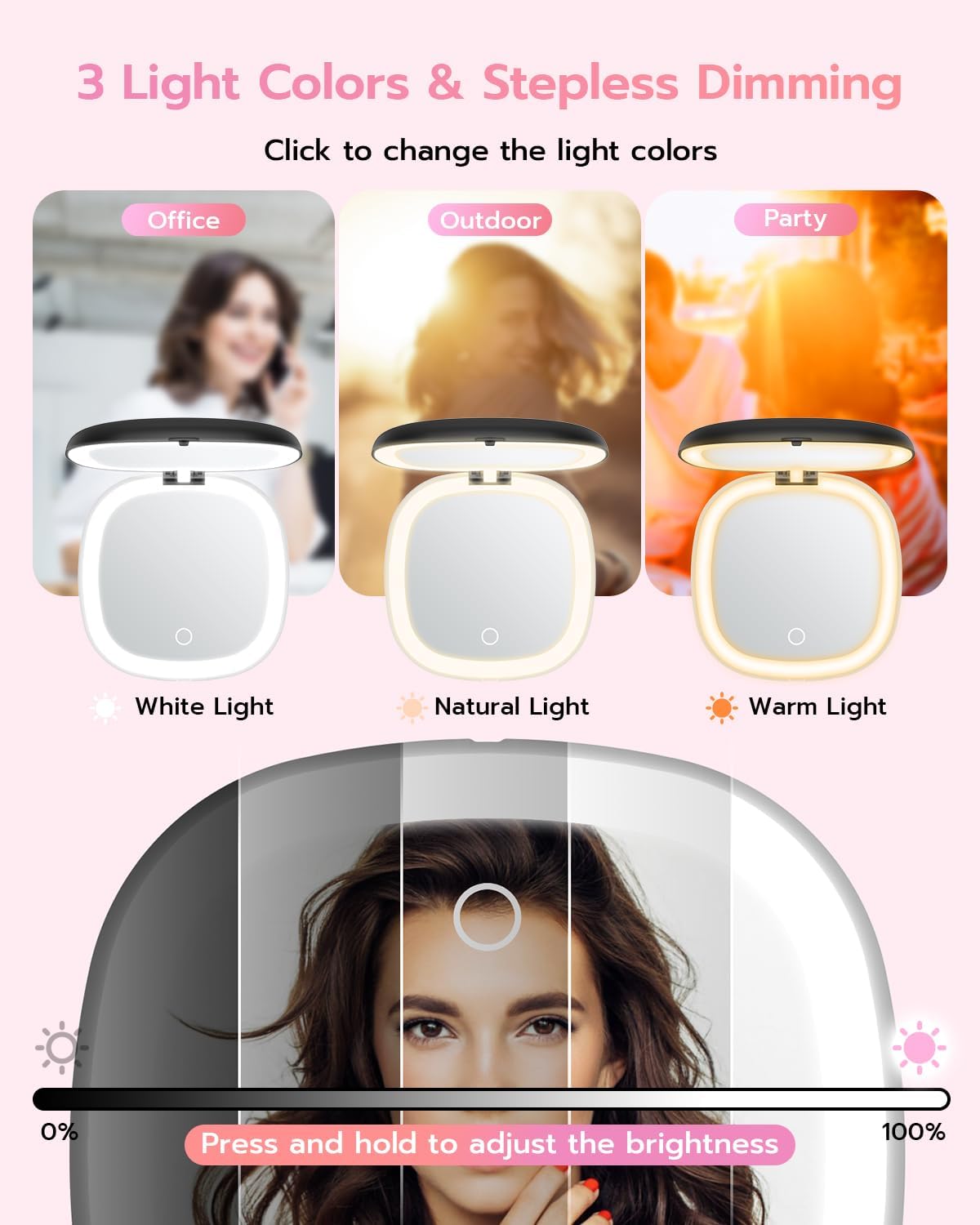 Benbilry 3.9" Rechargeable Compact Makeup Mirror with 3 Light Colors and Magnification 1X / 10X