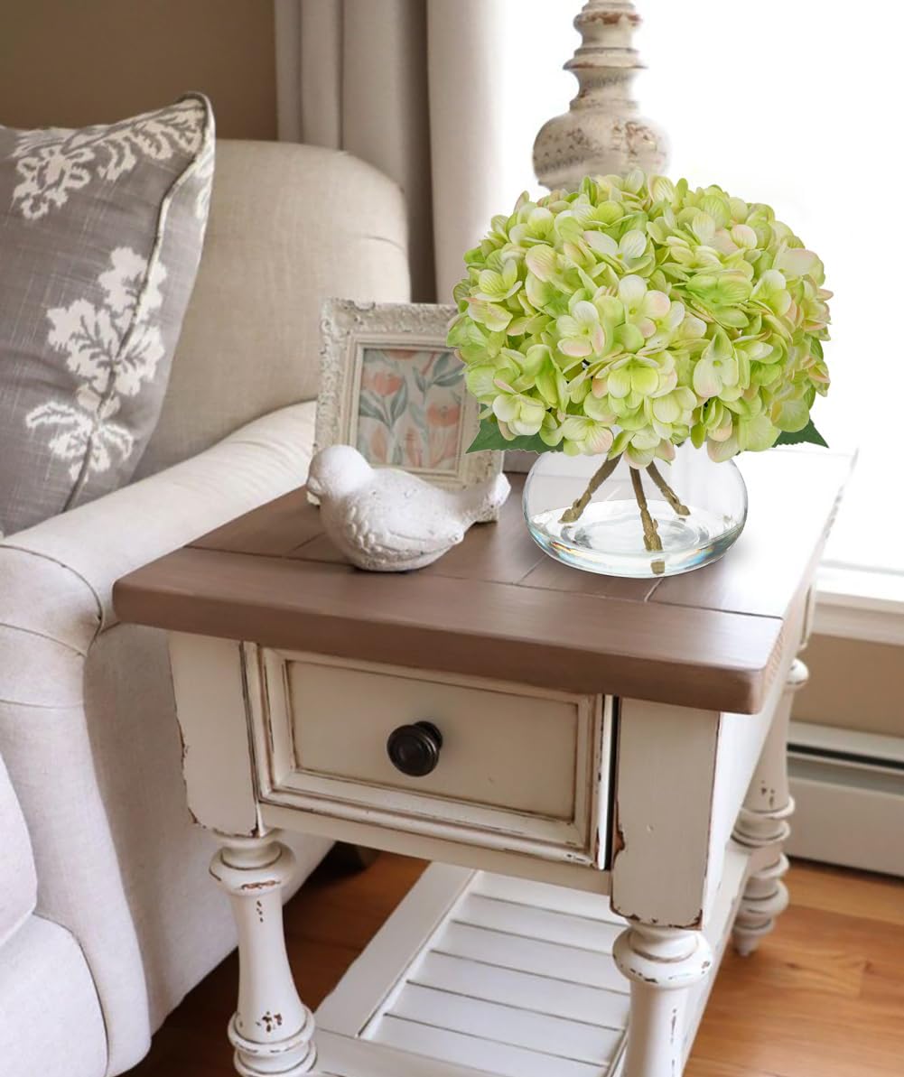 Hollyone Hydrangea Artificial Flowers with Glass Vase Green Silk Faux Flowers Arrangements in Vase