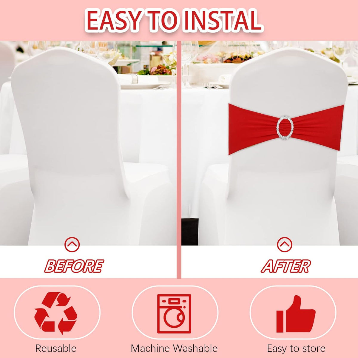 CHENGU 150 Pieces Spandex Stretch Chair Sashes Bows Elastic Chair Cover Bands Ties with Buckle